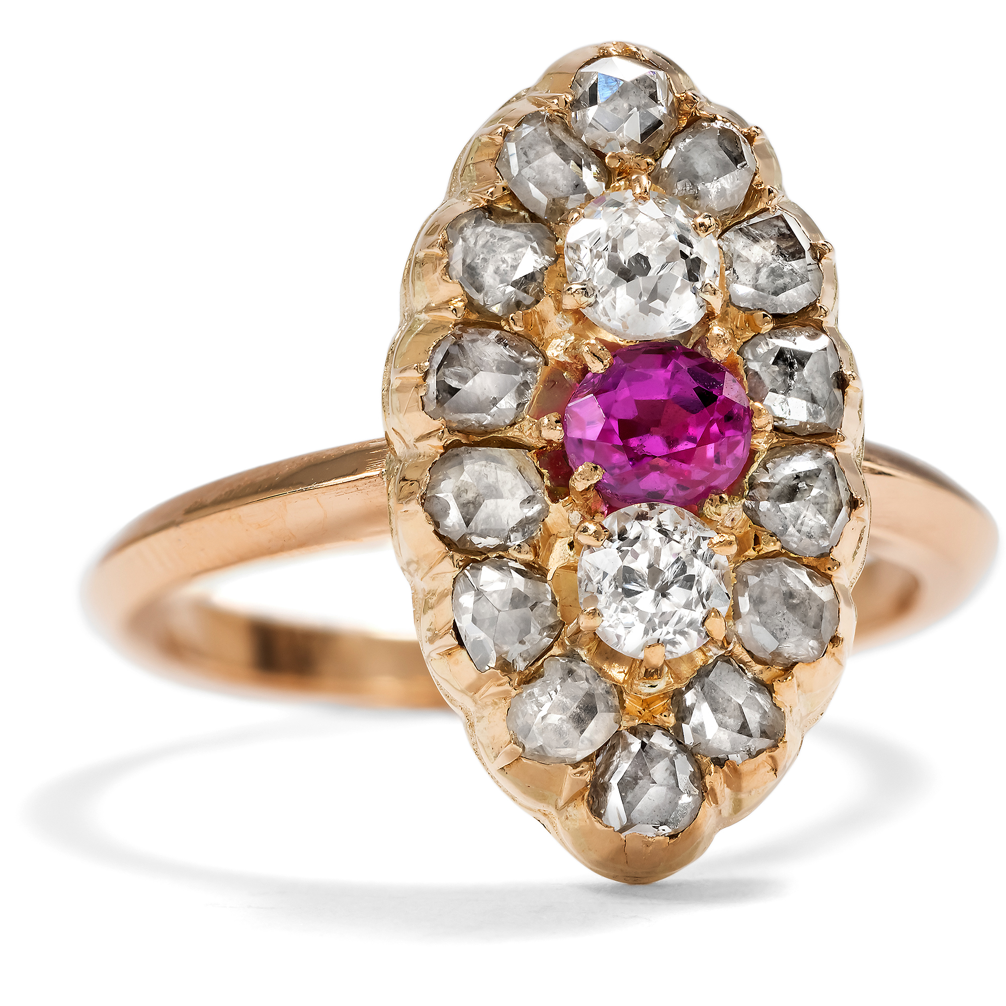 Antique Marquise Gold Ring with Pink Sapphire & Diamonds, c. 1890 & Later