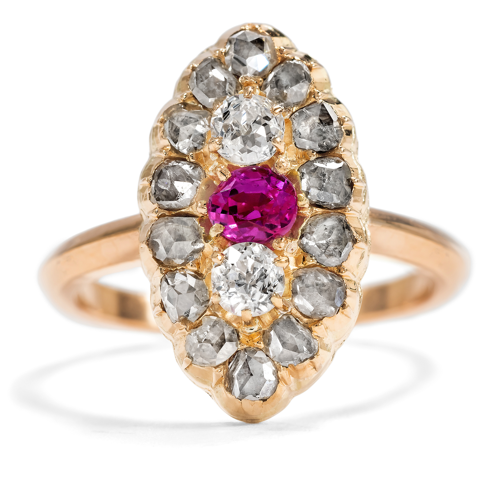 Antique Marquise Gold Ring with Pink Sapphire & Diamonds, c. 1890 & Later