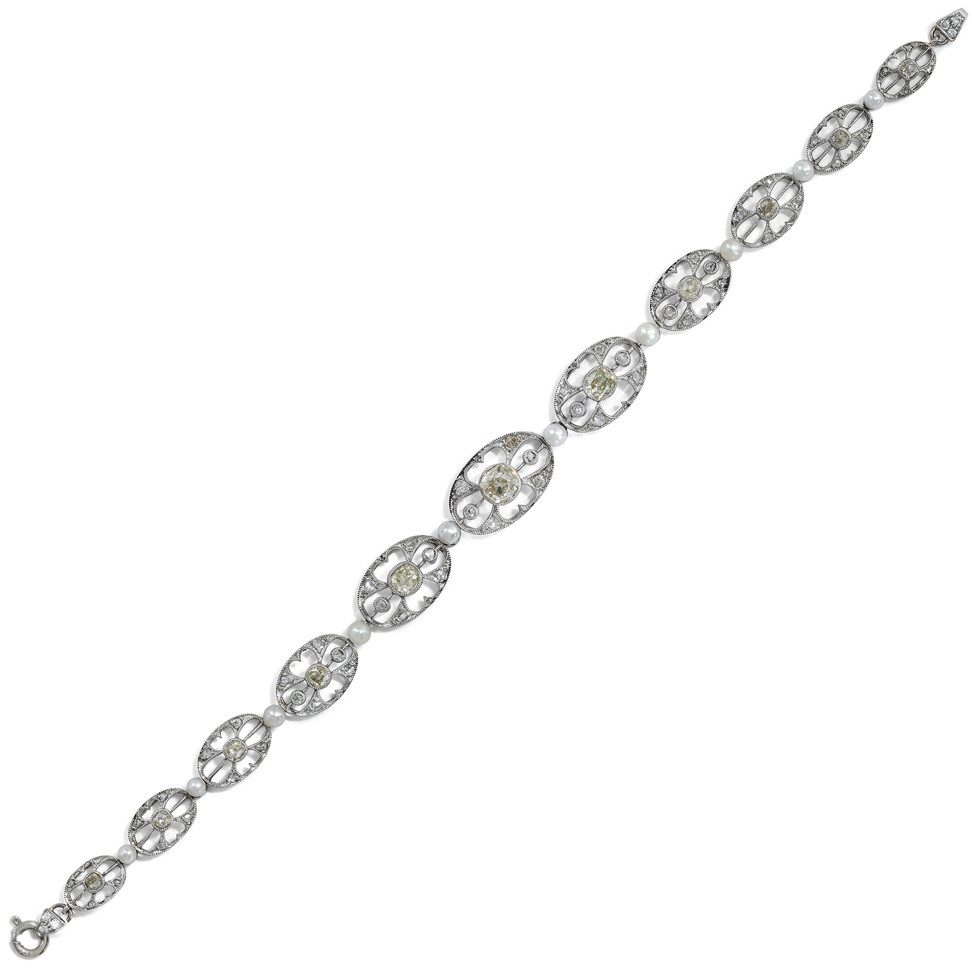 Antikes Armband mit 3,08 ct Diamanten & Naturperlen in Platin, um 1910