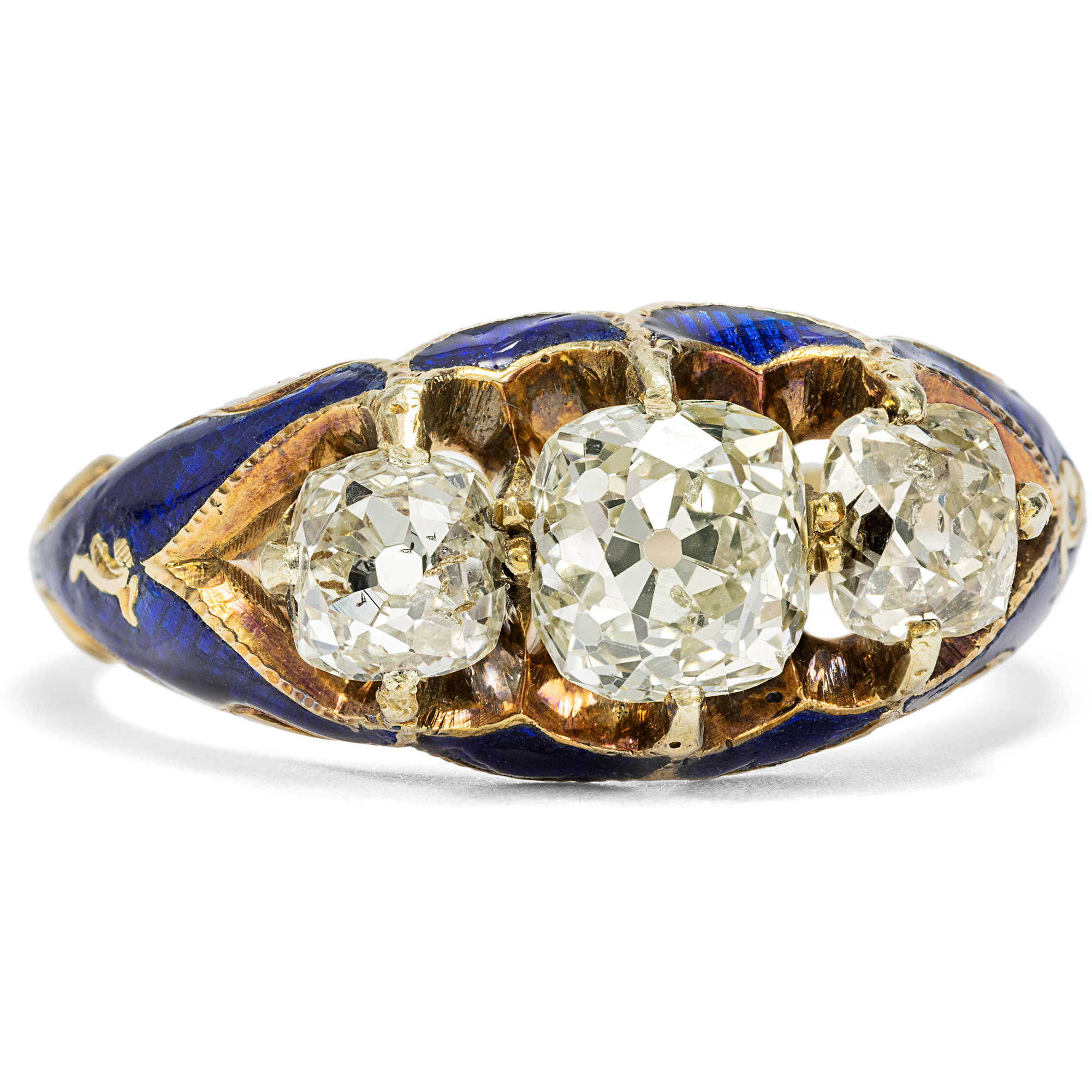 Rare Antique Ring with Fancy Old Cut Diamonds in Enamelled Gold, Moscow 1860