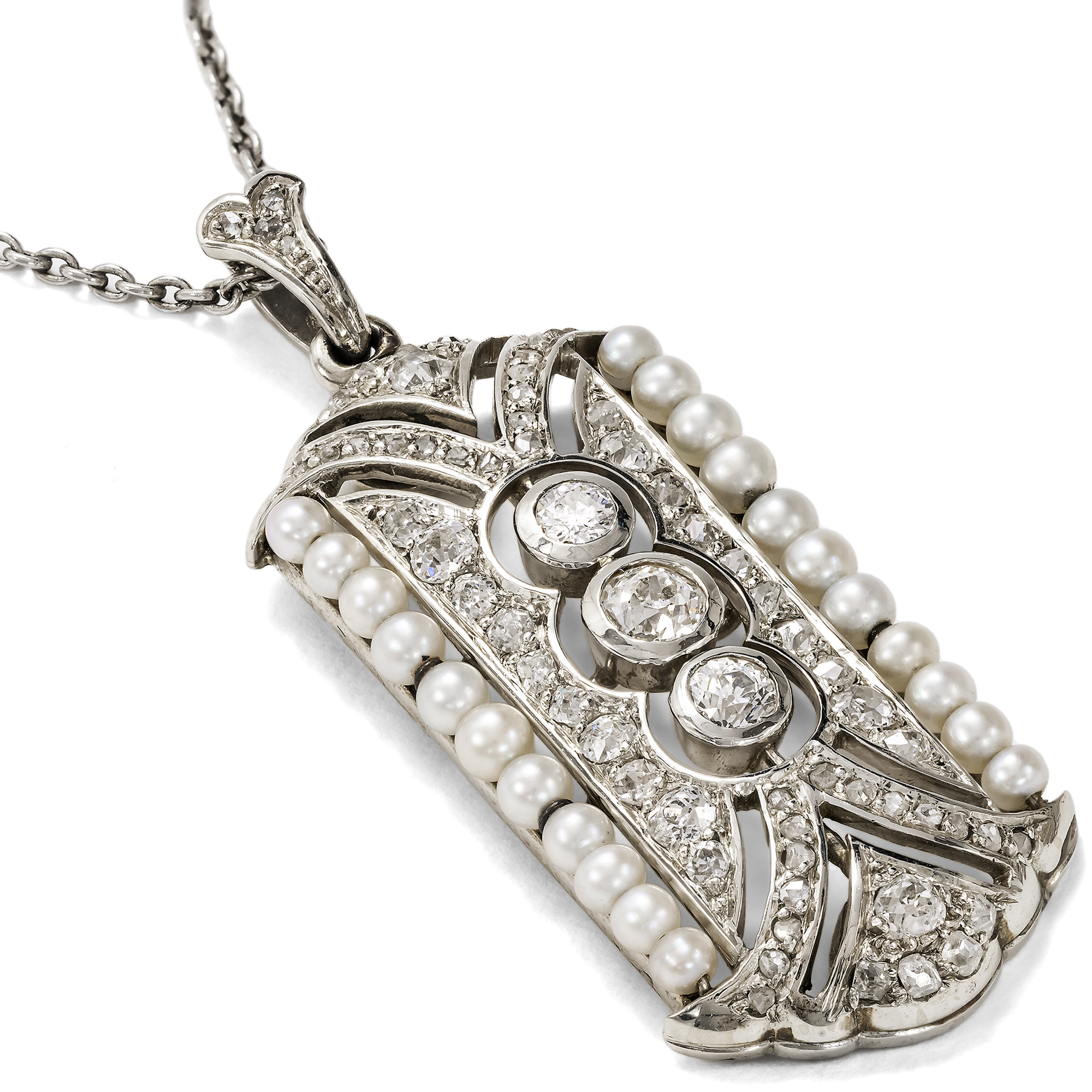 Elegant Art Déco Pendant With Diamonds & Pearls in White Gold, Circa 1930s