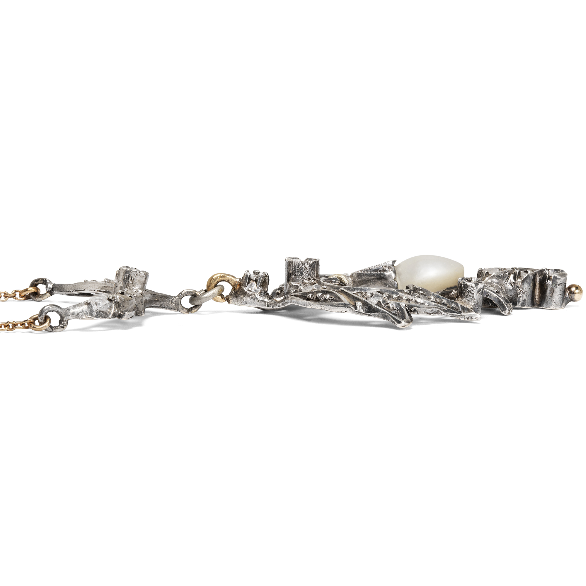 Romantisches Collier mit Diamantrosen & Perle in Silber & Gold, um 1910 Romantisches Collier mit Diamantrosen & Perle in Silber & Gold, um 1910