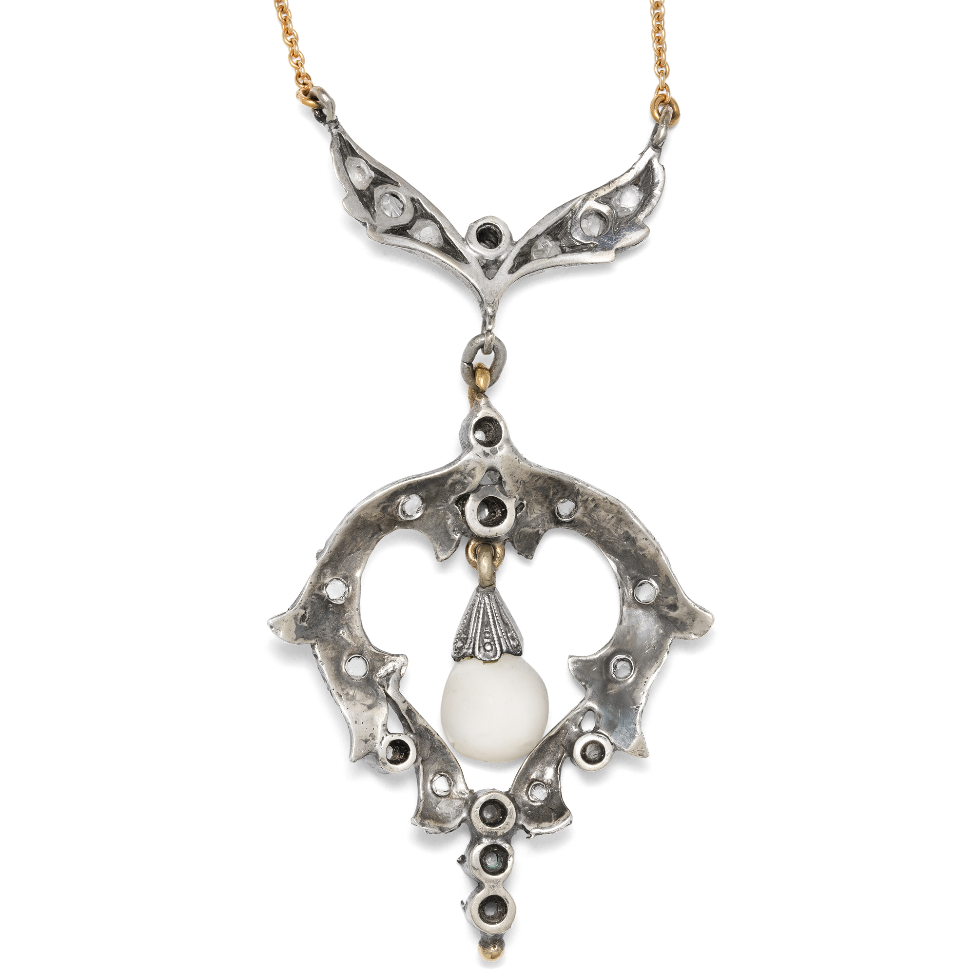 Romantisches Collier mit Diamantrosen & Perle in Silber & Gold, um 1910 Romantisches Collier mit Diamantrosen & Perle in Silber & Gold, um 1910