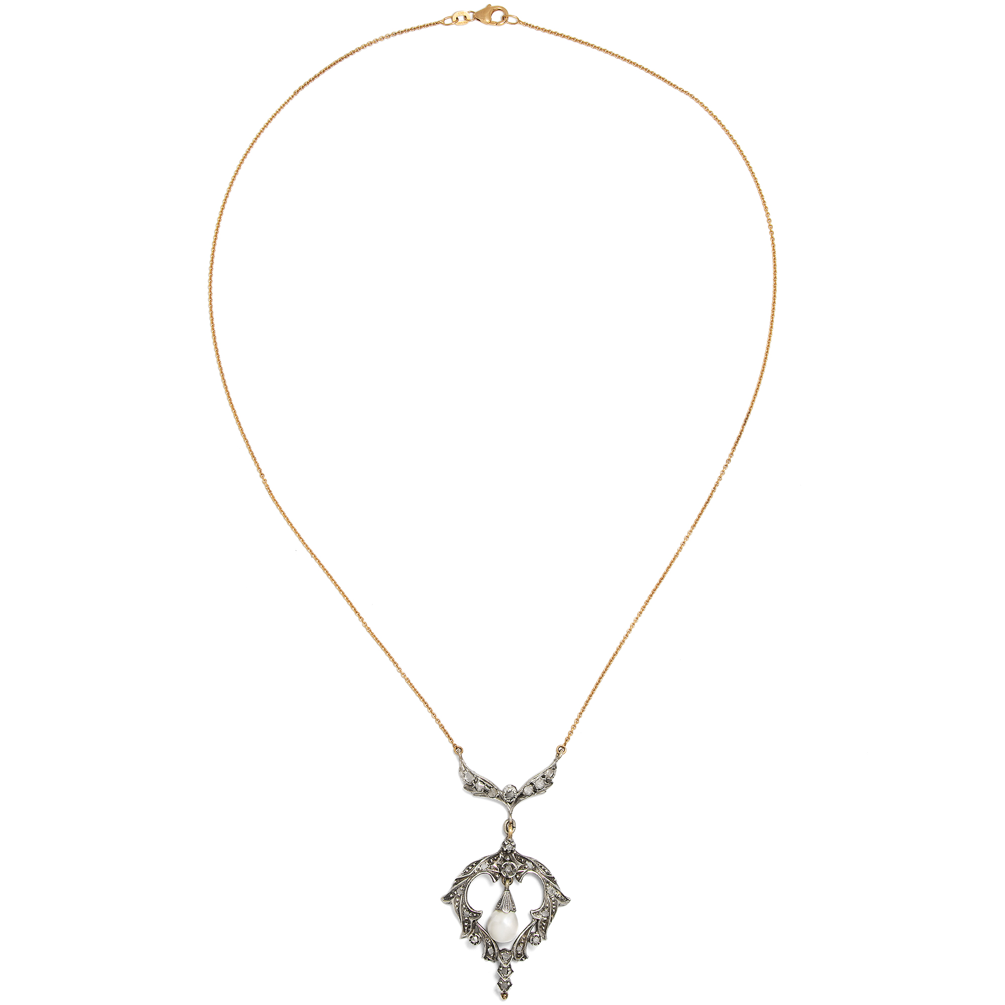 Romantisches Collier mit Diamantrosen & Perle in Silber & Gold, um 1910 Romantisches Collier mit Diamantrosen & Perle in Silber & Gold, um 1910