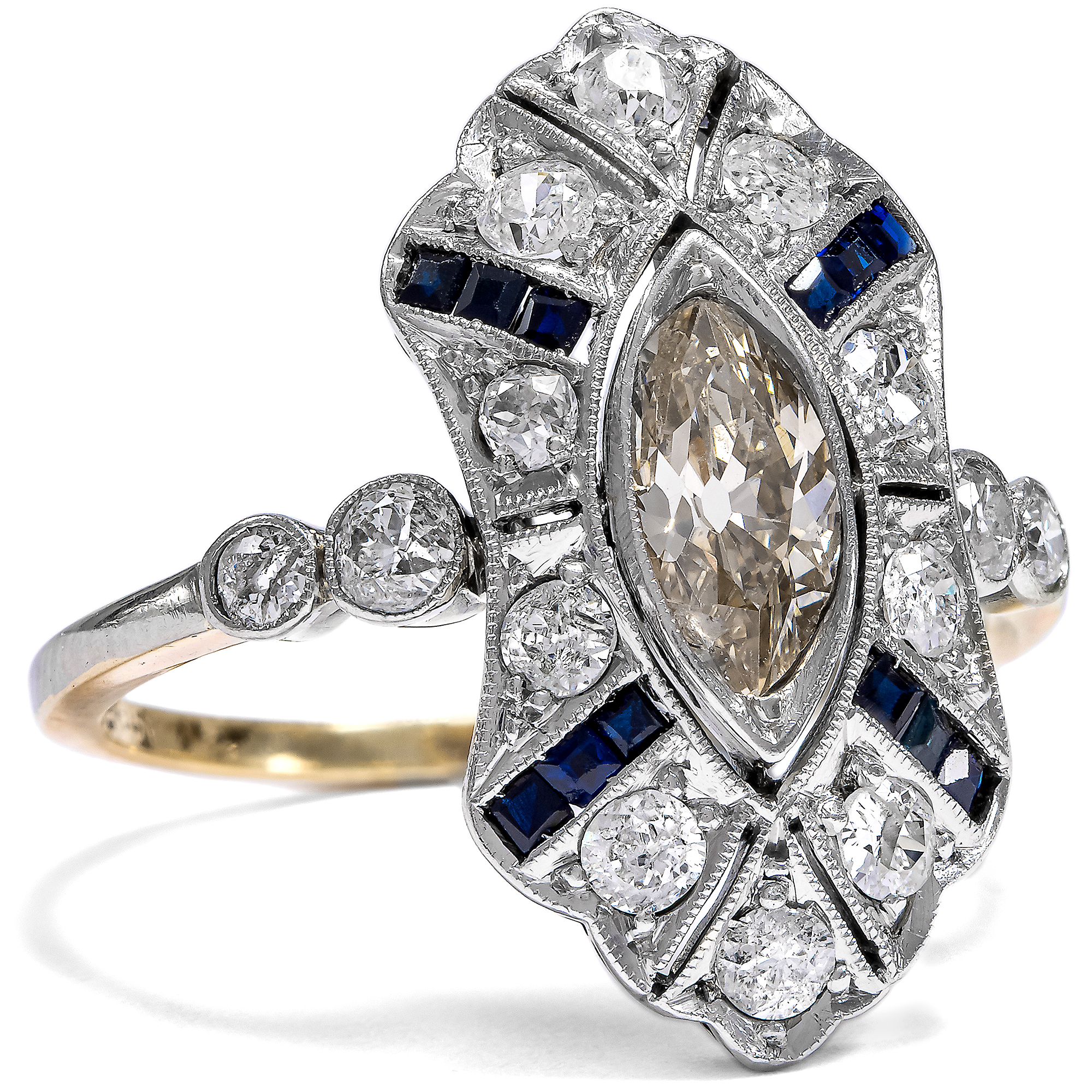 Chic Déco Ring with Diamonds & Sapphires in Platinum on Gold, c. 1925