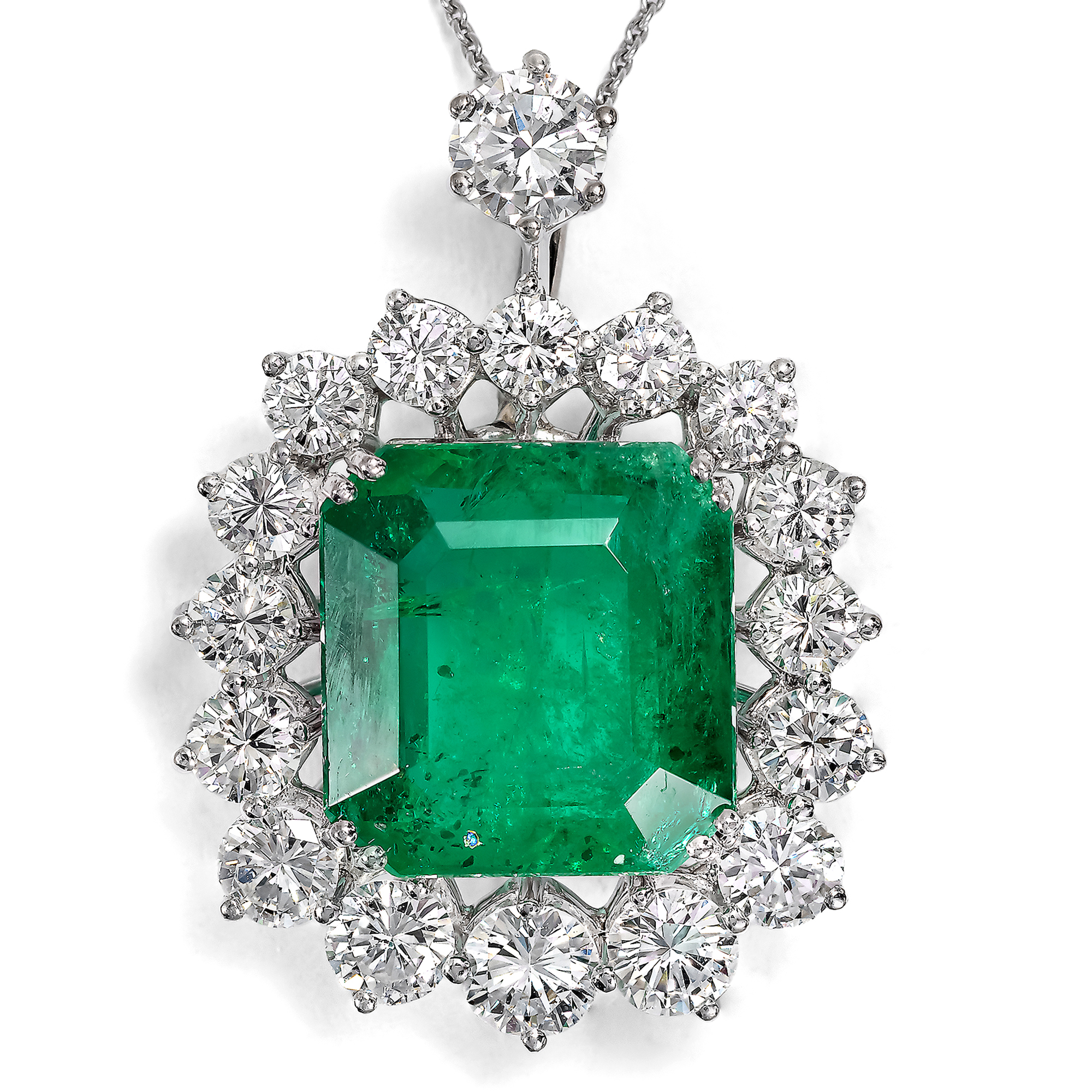 Vintage Pendant With Emerald From Zambia & Diamonds in White Gold, Circa 1980