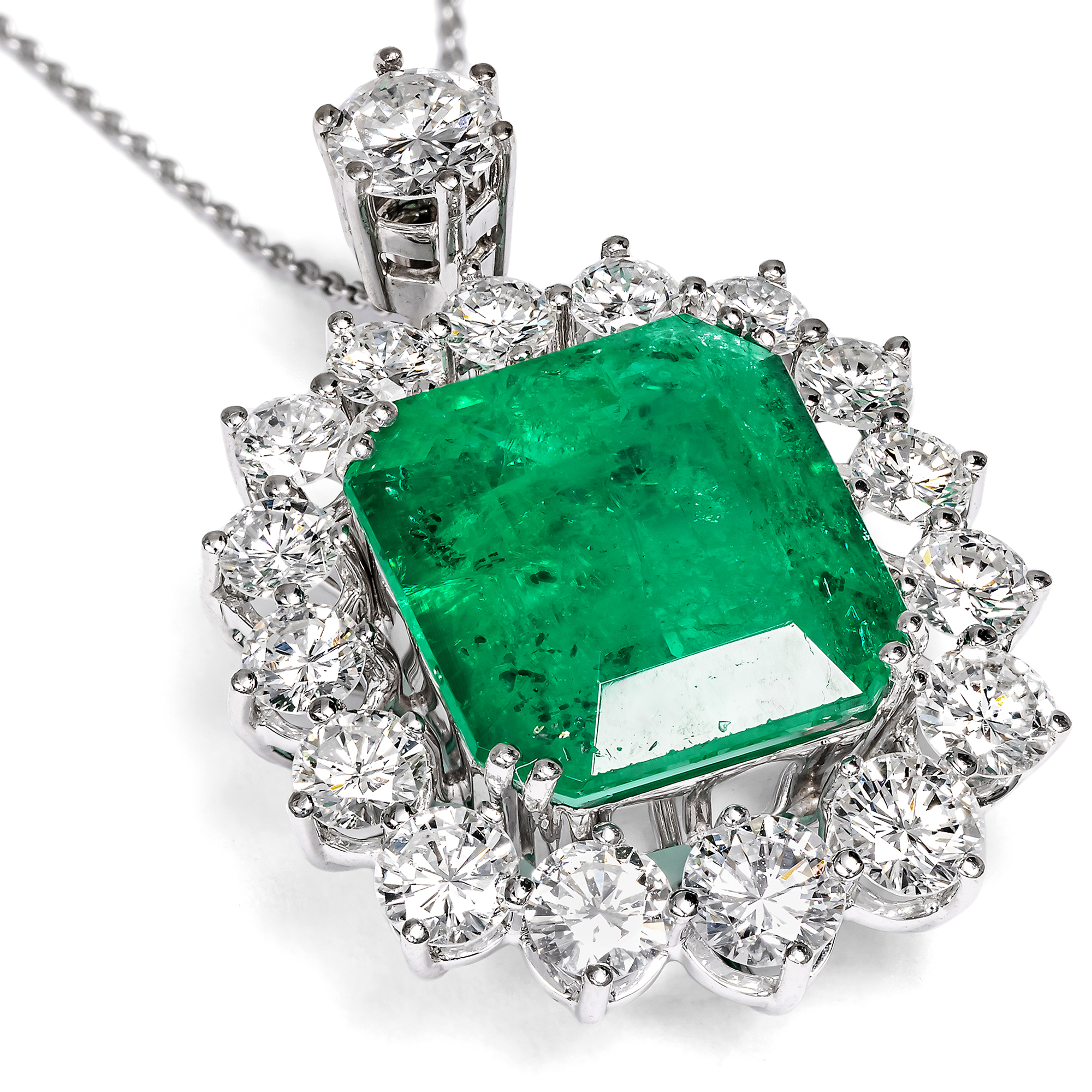 Vintage Pendant With Emerald From Zambia & Diamonds in White Gold, Circa 1980