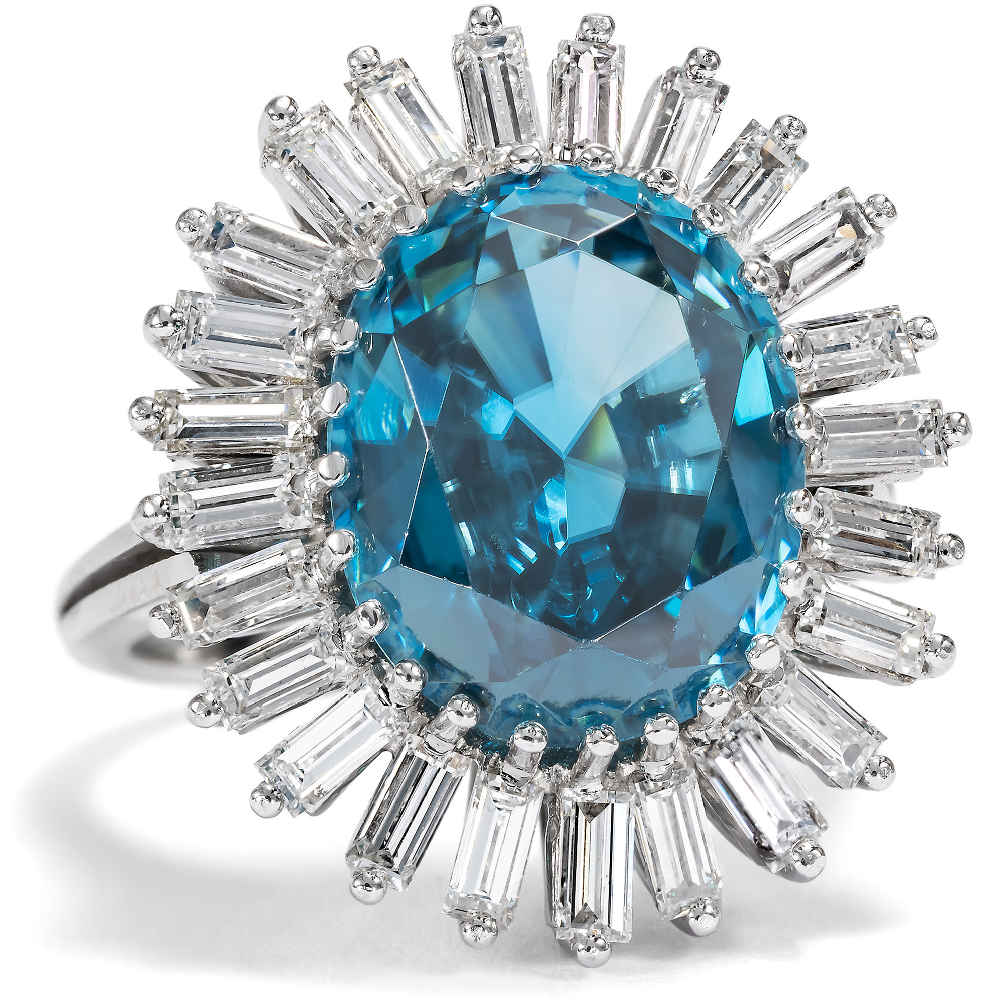 Precious Ring With Blue Zircon & Diamonds in White Gold, Germany c. 1965