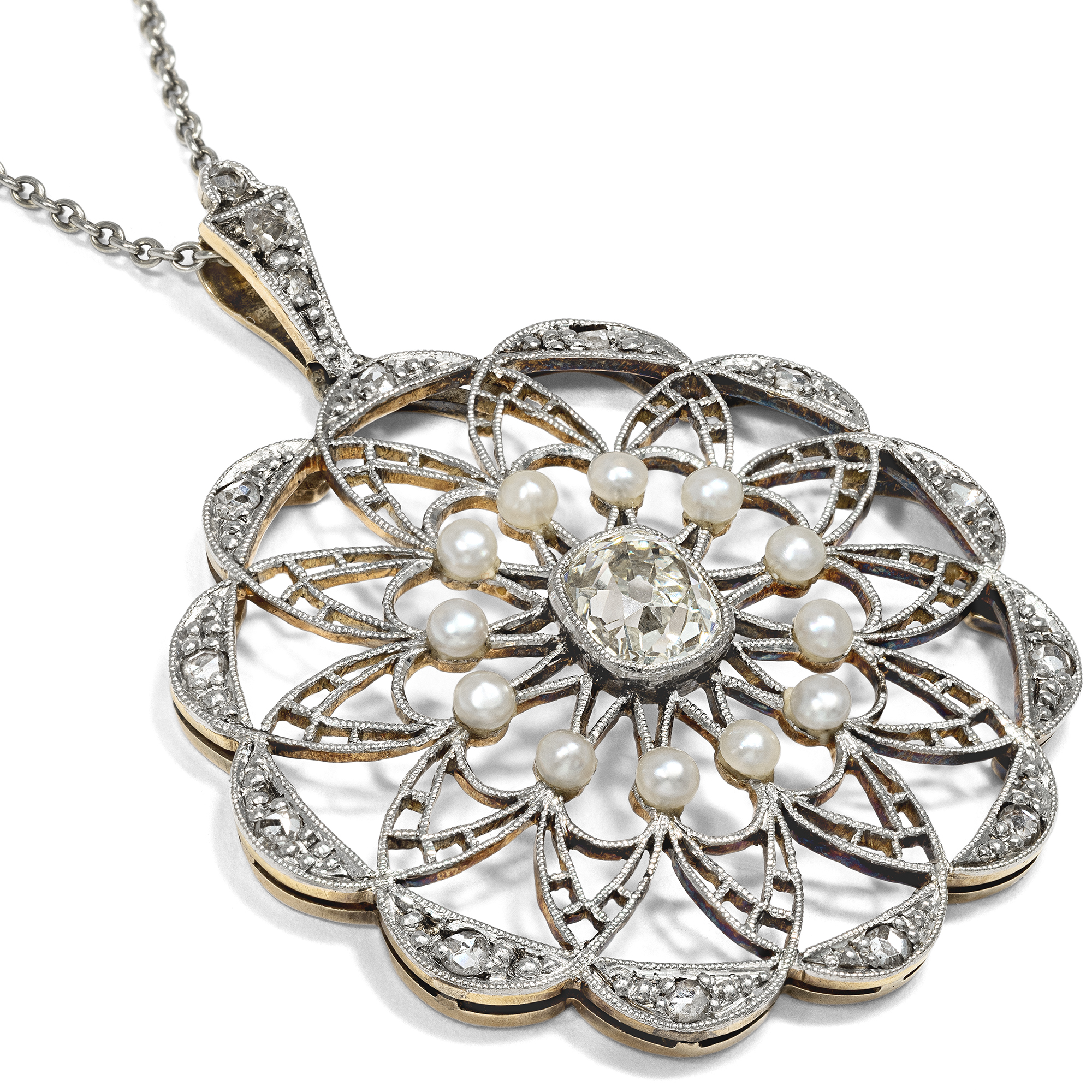 Antique Diamond and Pearl Pendant in Platinum on Gold, c. 1910