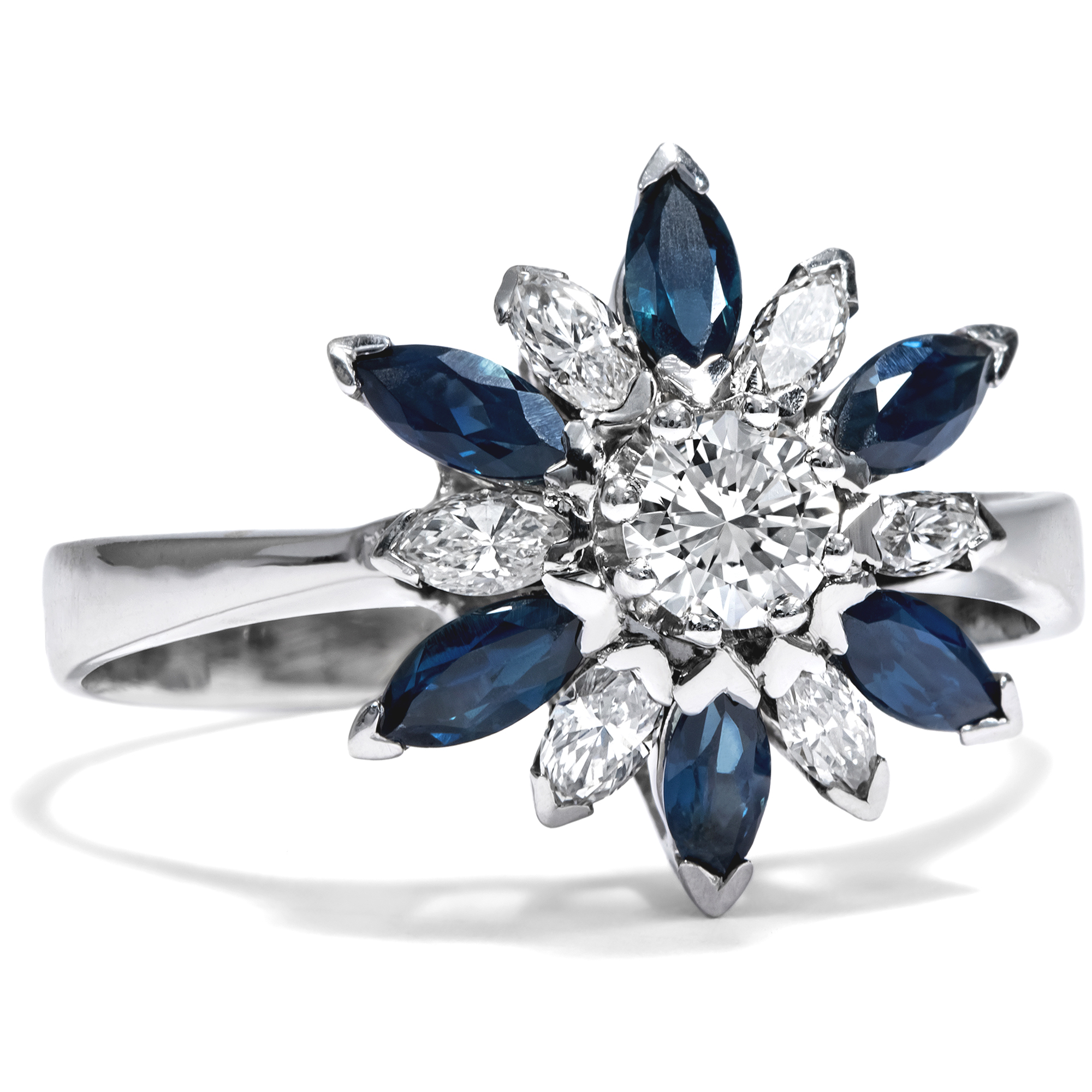 Glittering Vintage Ring with Sapphires & Diamonds in White Gold, c. 1970