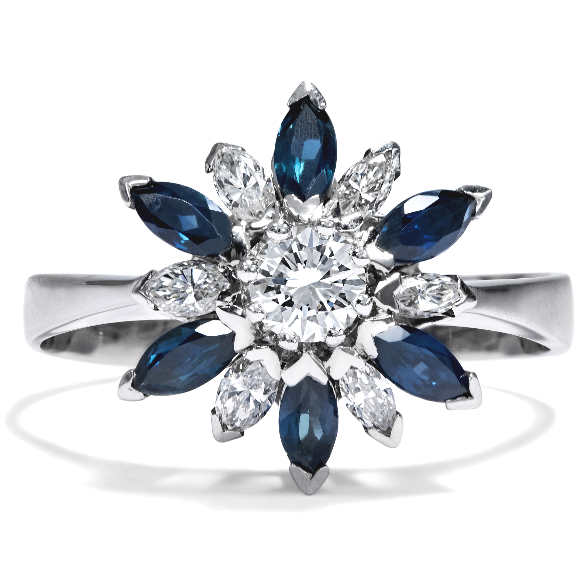 Glittering Vintage Ring with Sapphires & Diamonds in White Gold, c. 1970