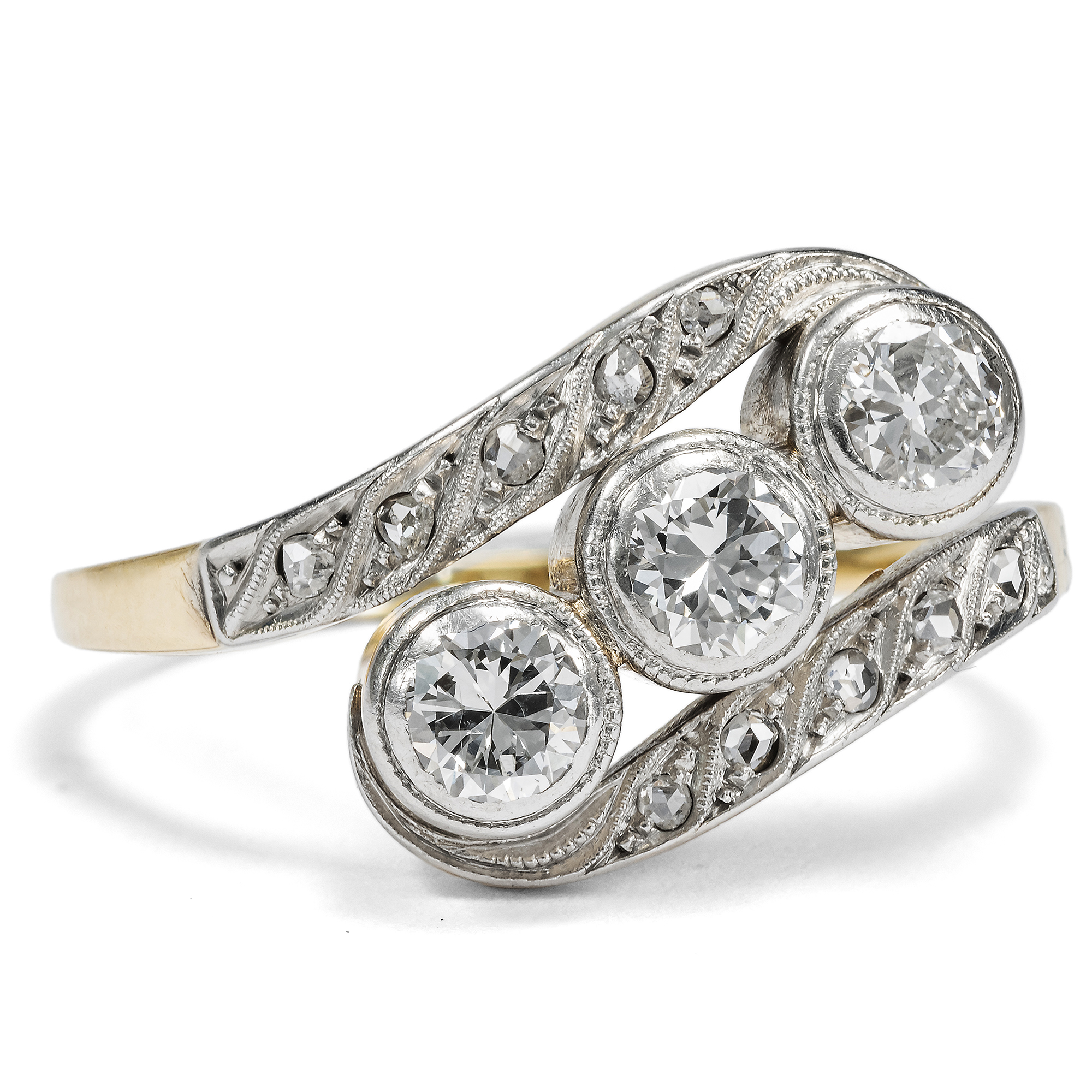 Art Déco Trilogie-Ring mit Diamanten in Platin & Gold, Deutschland um 1930