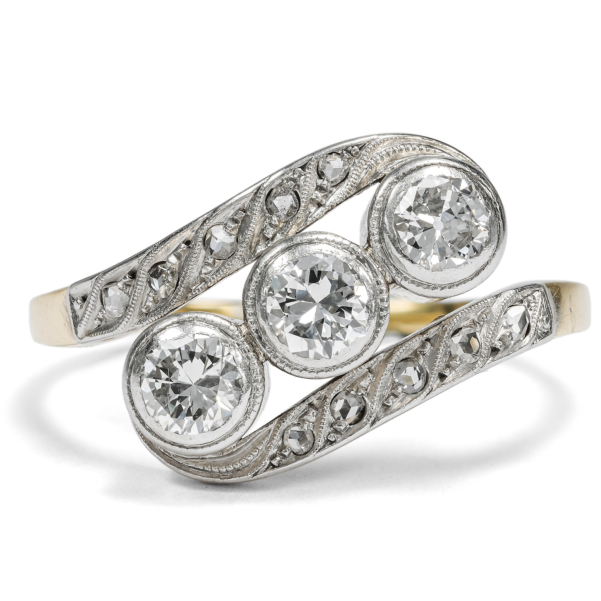 Art Deco Trilogy Ring with Diamonds in Platinum on Gold, Germany, c. 1930