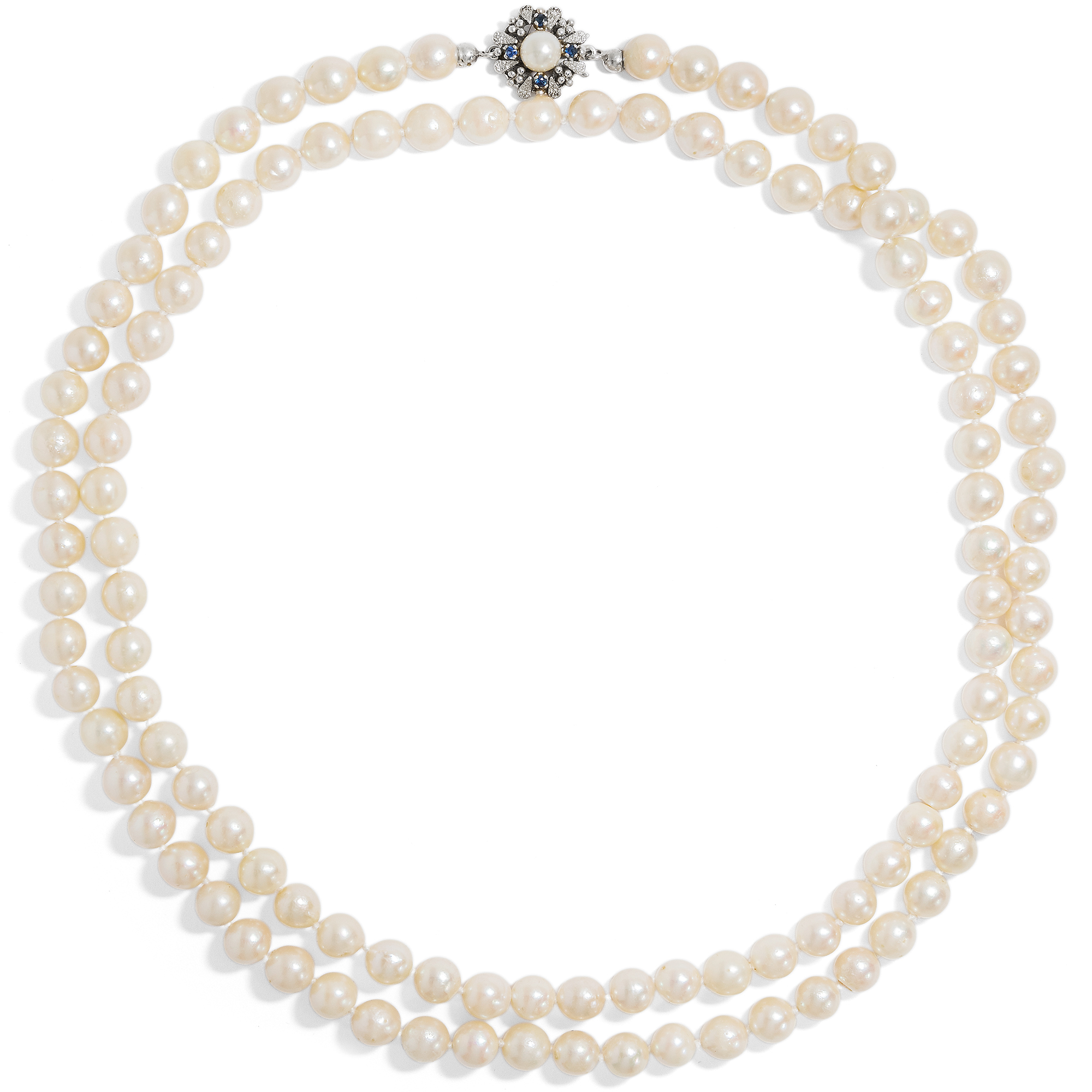 Long cultured pearl necklace with white gold clasp, Germany circa 1980