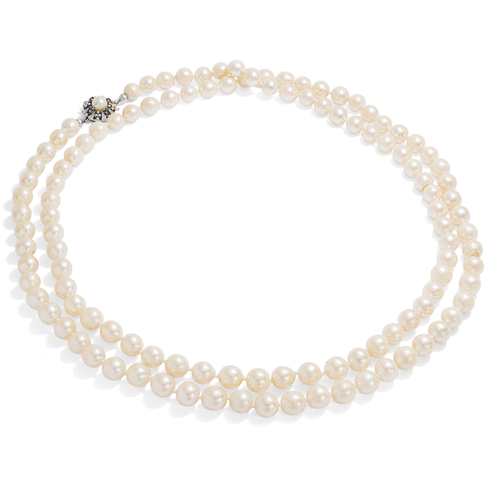 Long cultured pearl necklace with white gold clasp, Germany circa 1980