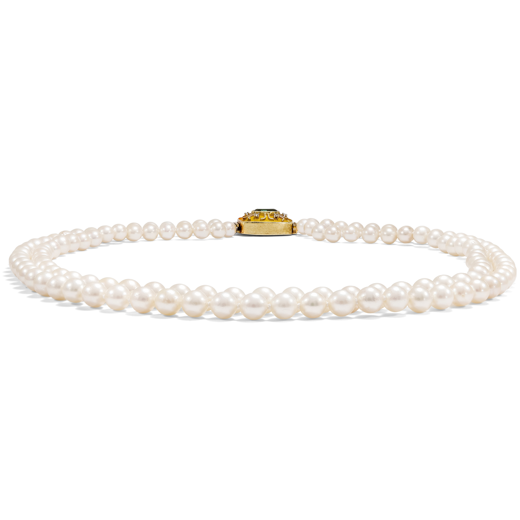 Two-Strand Cultured Pearl Necklace in Princess Length With Tourmaline Clasp, Germany Circa 1955 Two-Strand Cultured Pearl Necklace in Princess Length With Tourmaline Clasp, Germany Circa 1955
