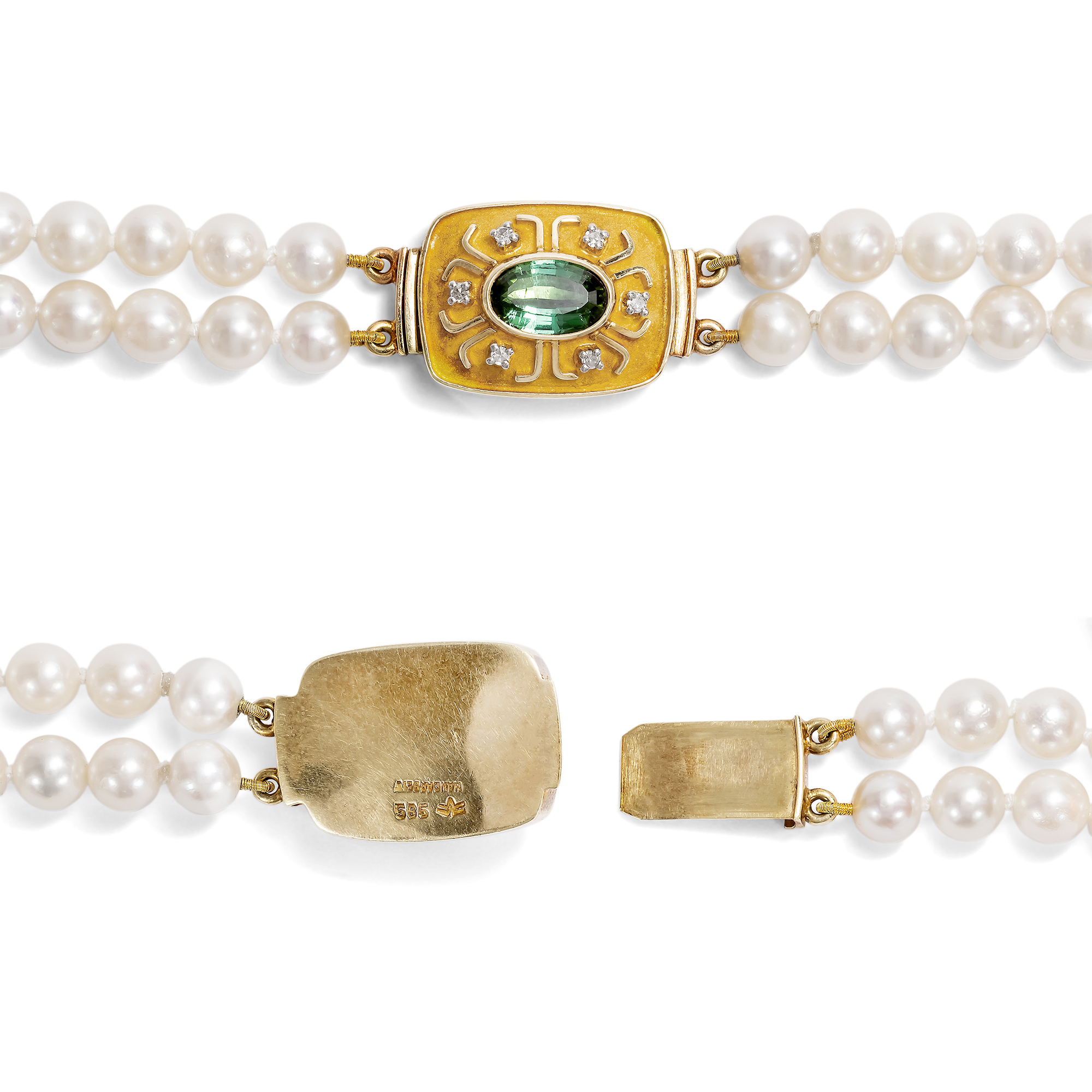 Two-Strand Cultured Pearl Necklace in Princess Length With Tourmaline Clasp, Germany Circa 1955 Two-Strand Cultured Pearl Necklace in Princess Length With Tourmaline Clasp, Germany Circa 1955