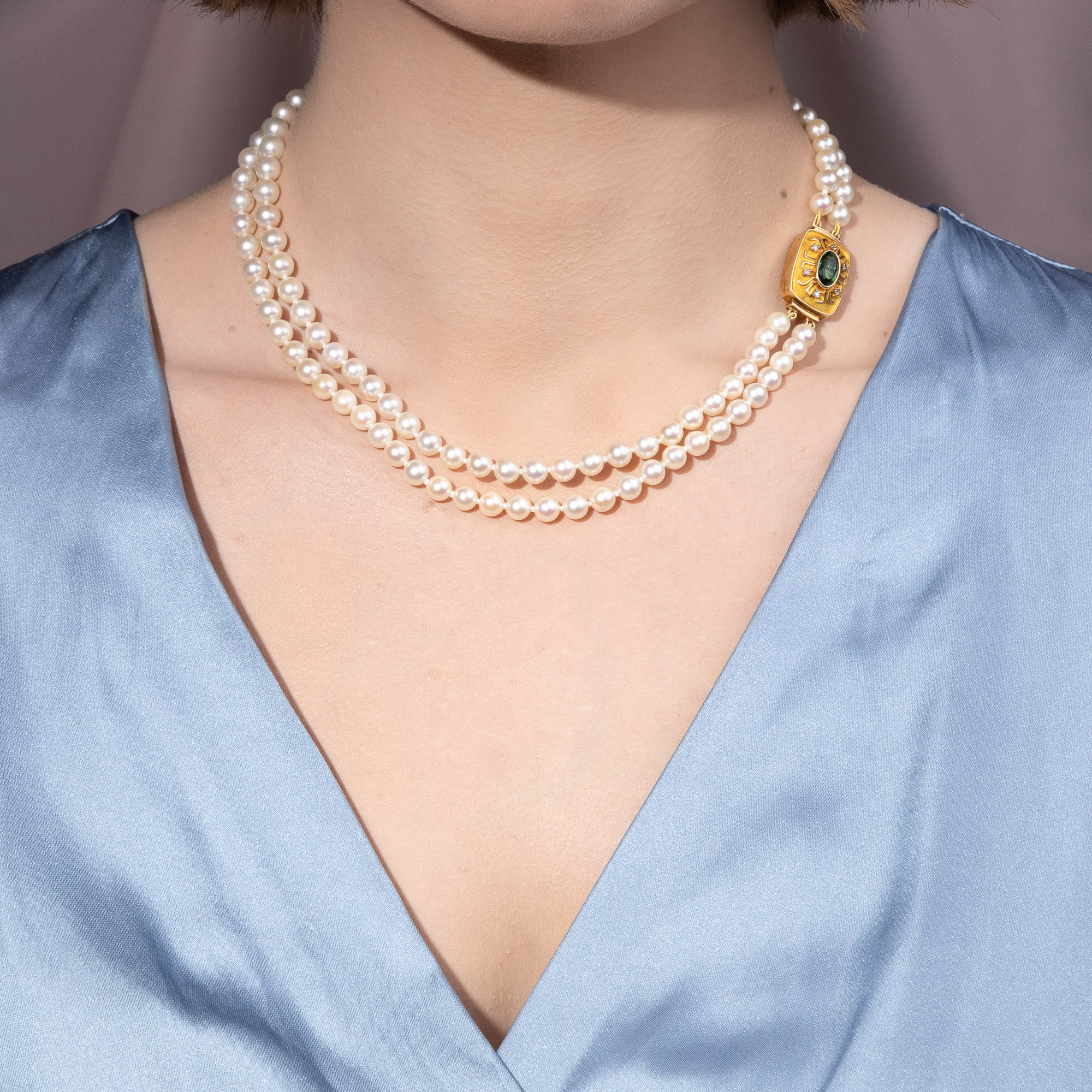 Two-Strand Cultured Pearl Necklace in Princess Length With Tourmaline Clasp, Germany Circa 1955 Two-Strand Cultured Pearl Necklace in Princess Length With Tourmaline Clasp, Germany Circa 1955