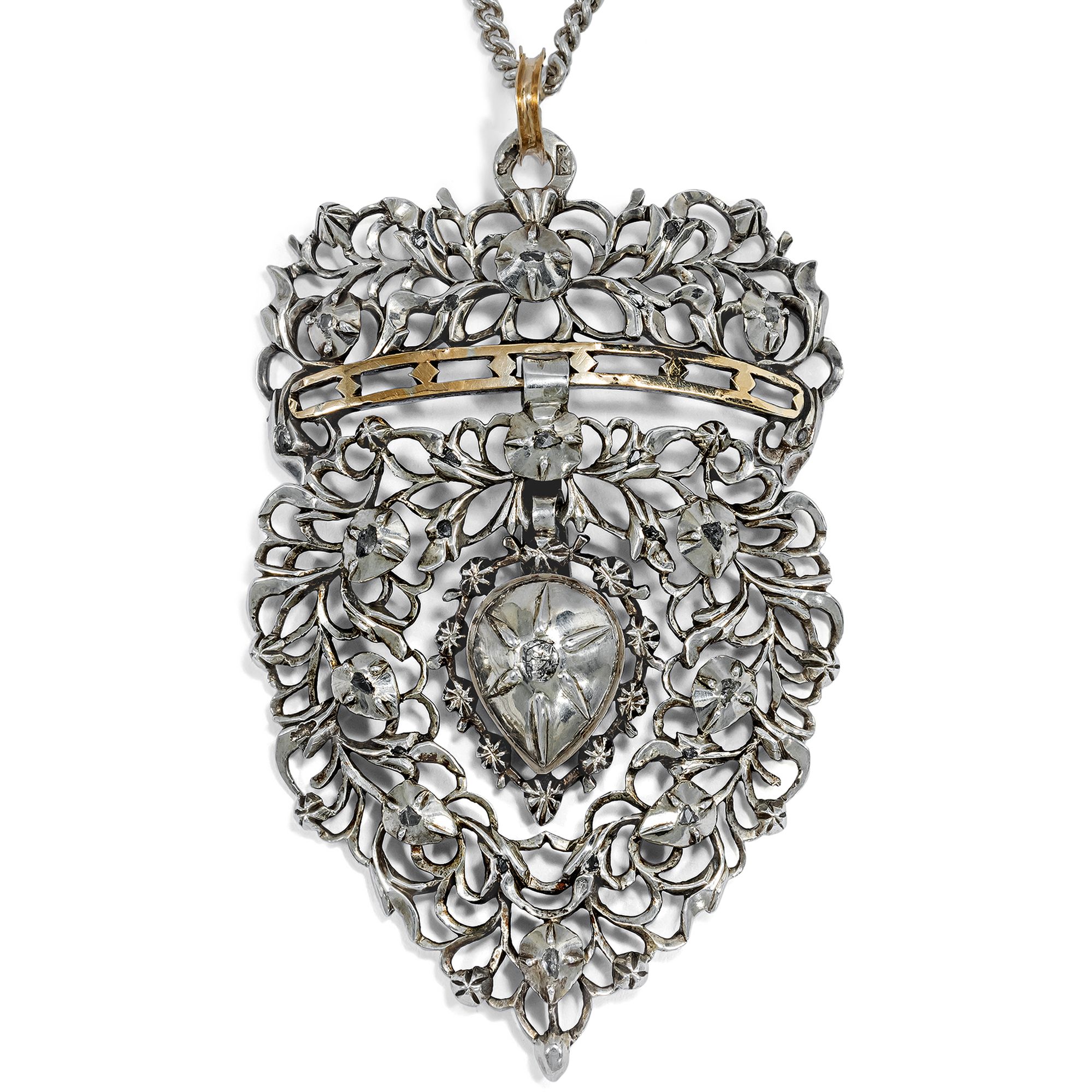 Large Pendant With Diamonds In Silver From Belgium, Circa 1850