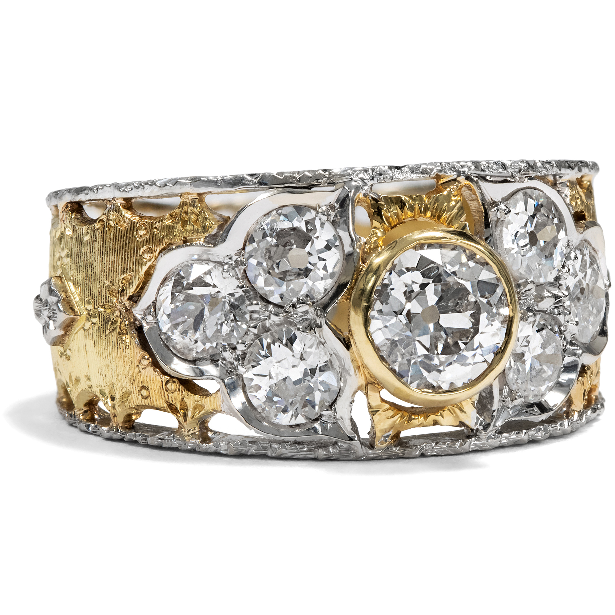 Zauberhafter vintage Ring mit Diamanten im Altschliff in Gelb- & Weißgold, um 1955