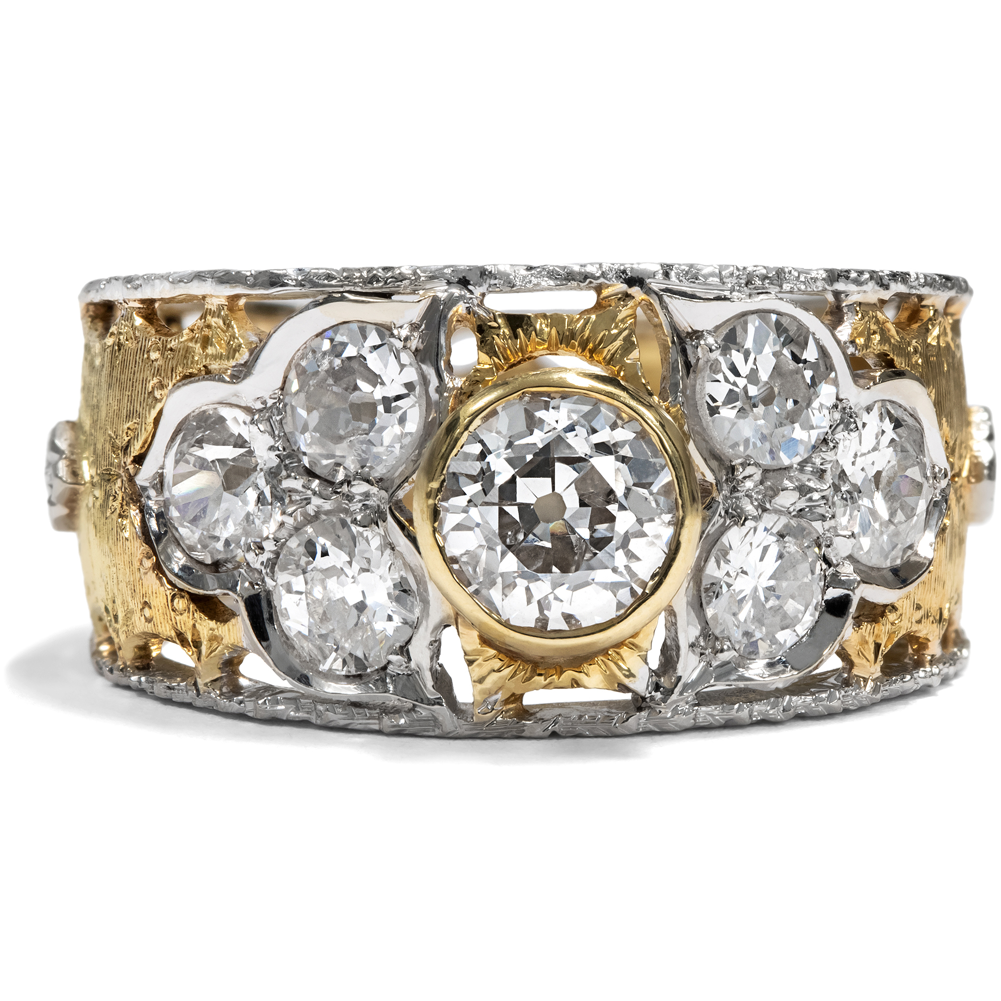 Zauberhafter vintage Ring mit Diamanten im Altschliff in Gelb- & Weißgold, um 1955