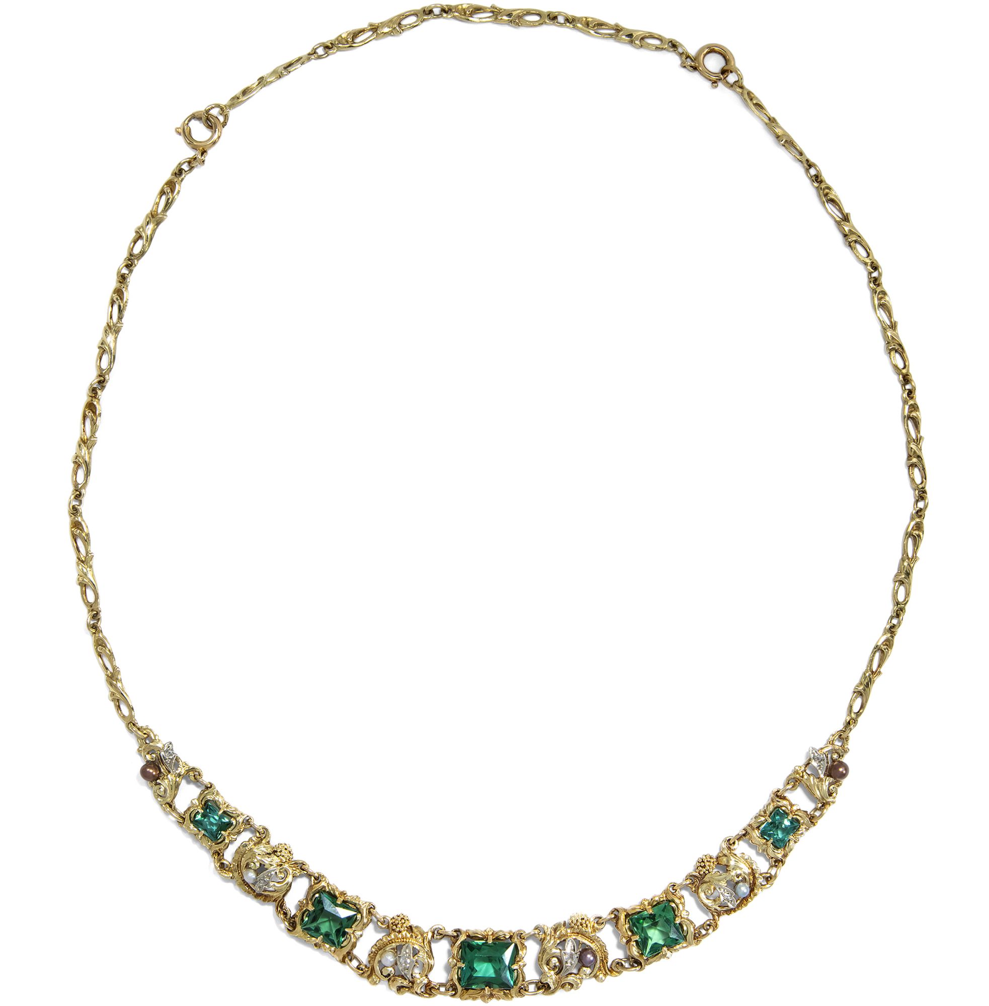 Nostalgisches Collier mit Turmalinen, Diamanten & Perlen in Gold, 1930er Jahre