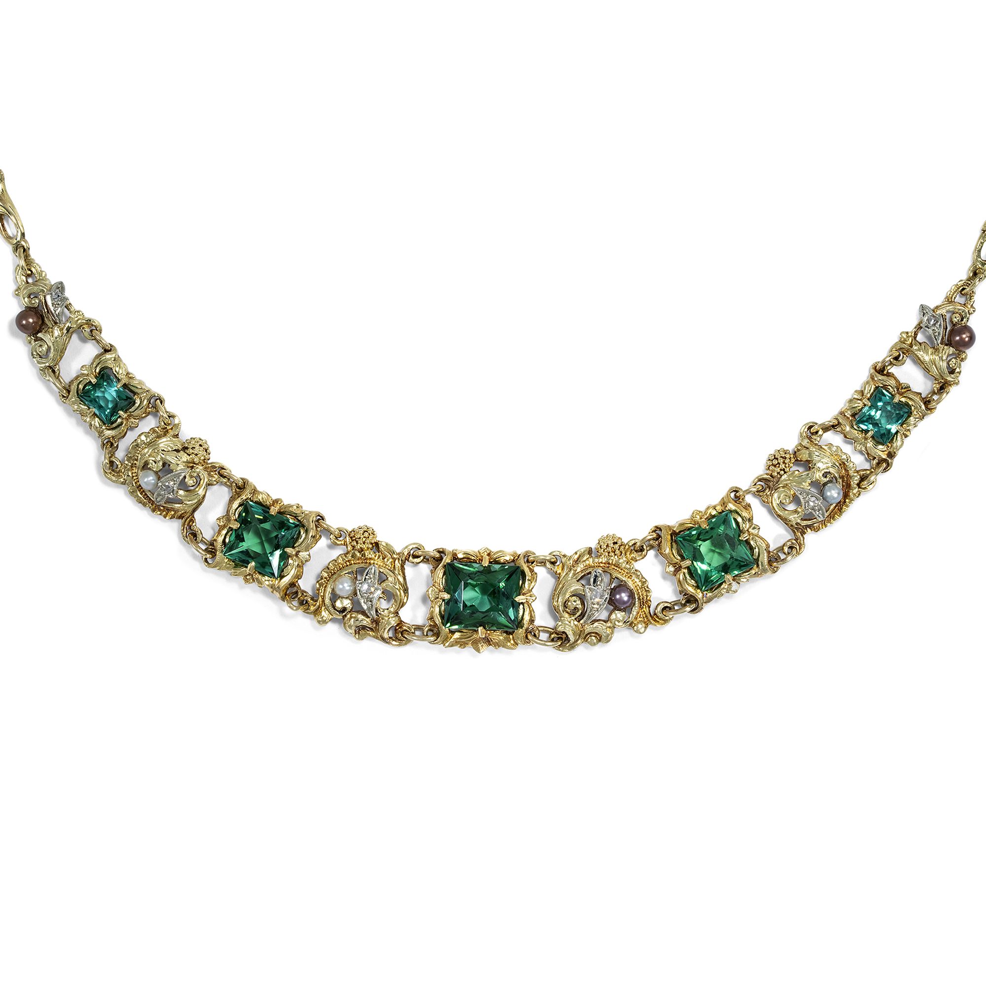 Nostalgisches Collier mit Turmalinen, Diamanten & Perlen in Gold, 1930er Jahre