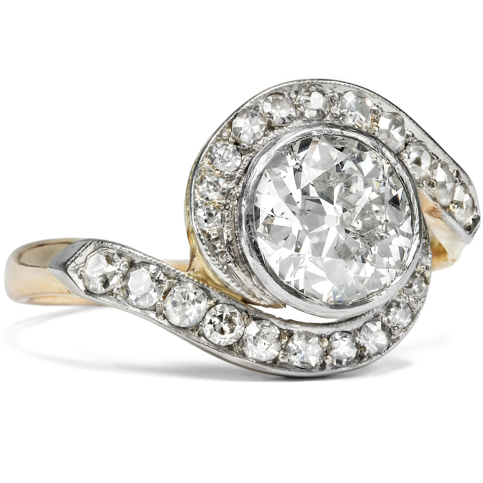 Antiker „Tourbillon“-Ring mit 1,15 ct Altschliff-Diamant in Gold & Platin, um 1910