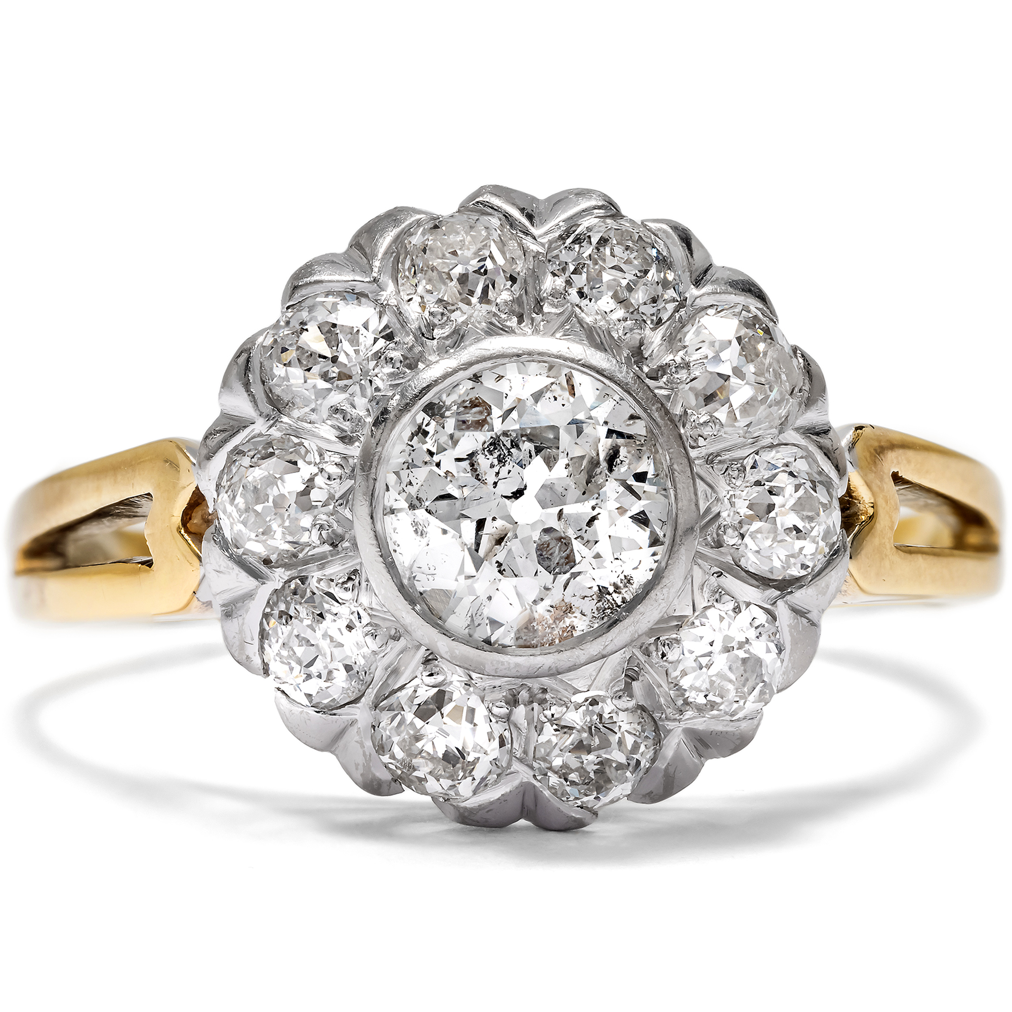 Vintage "Daisy" Ring with Antique Old European Cut Diamonds in Yellow & White Gold, Circa 1960