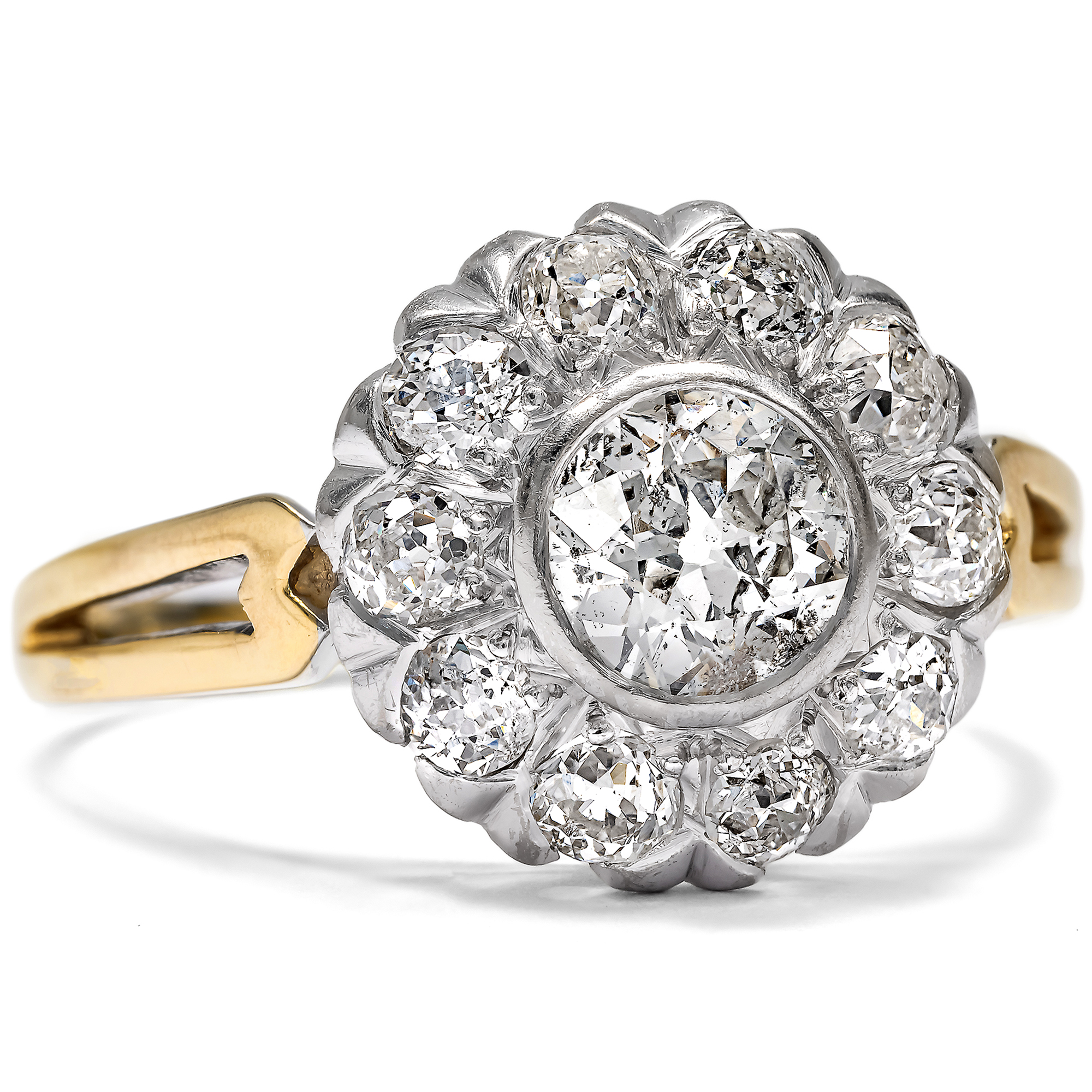 Vintage "Daisy" Ring with Antique Old European Cut Diamonds in Yellow & White Gold, Circa 1960