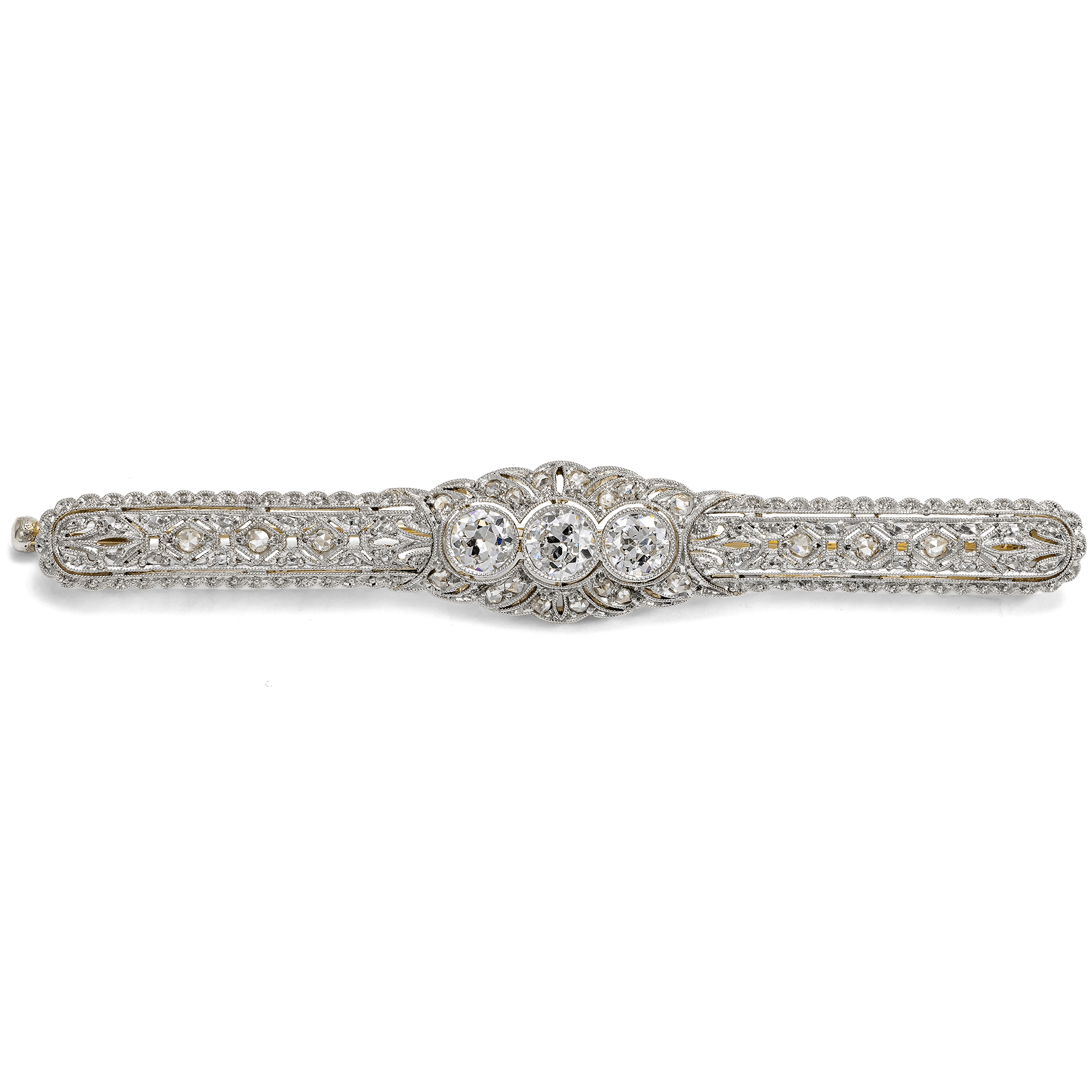 Elegant Art Deco Bar Brooch With Diamonds in Gold & Platinum, Circa 1925