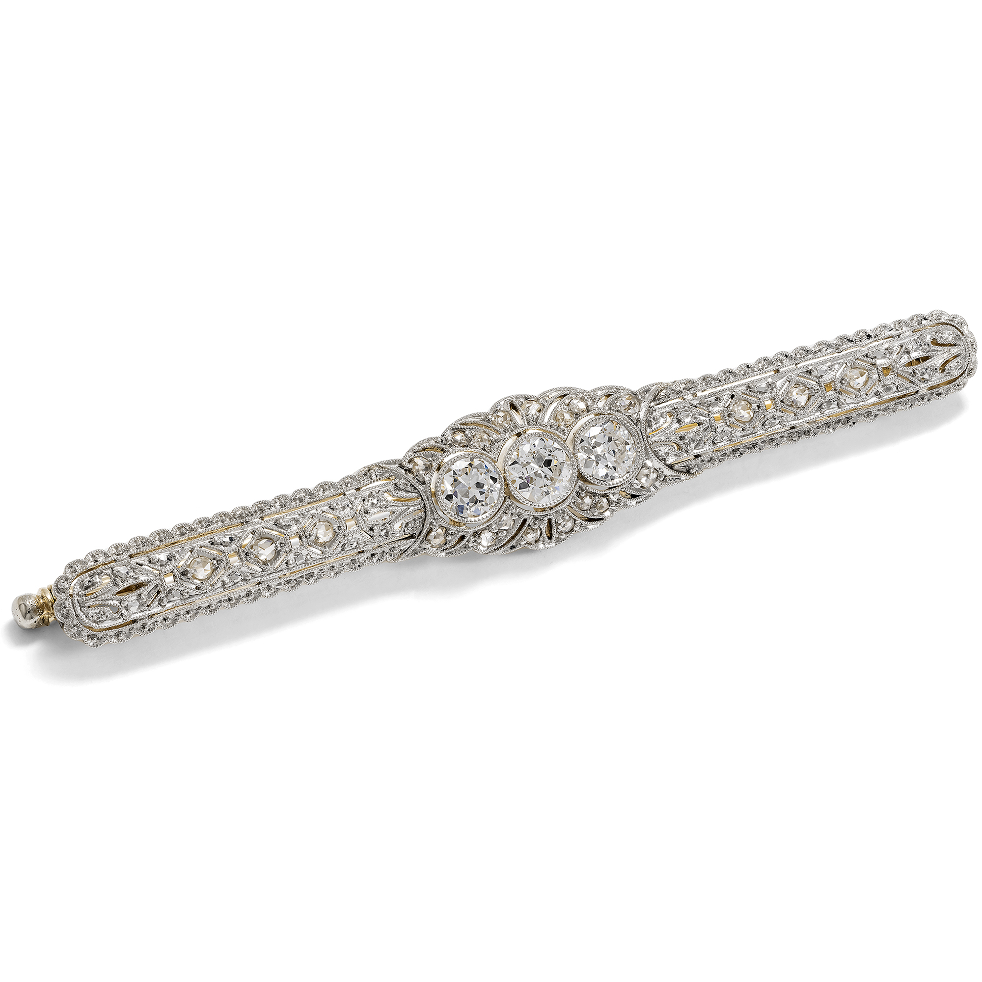 Elegant Art Deco Bar Brooch With Diamonds in Gold & Platinum, Circa 1925