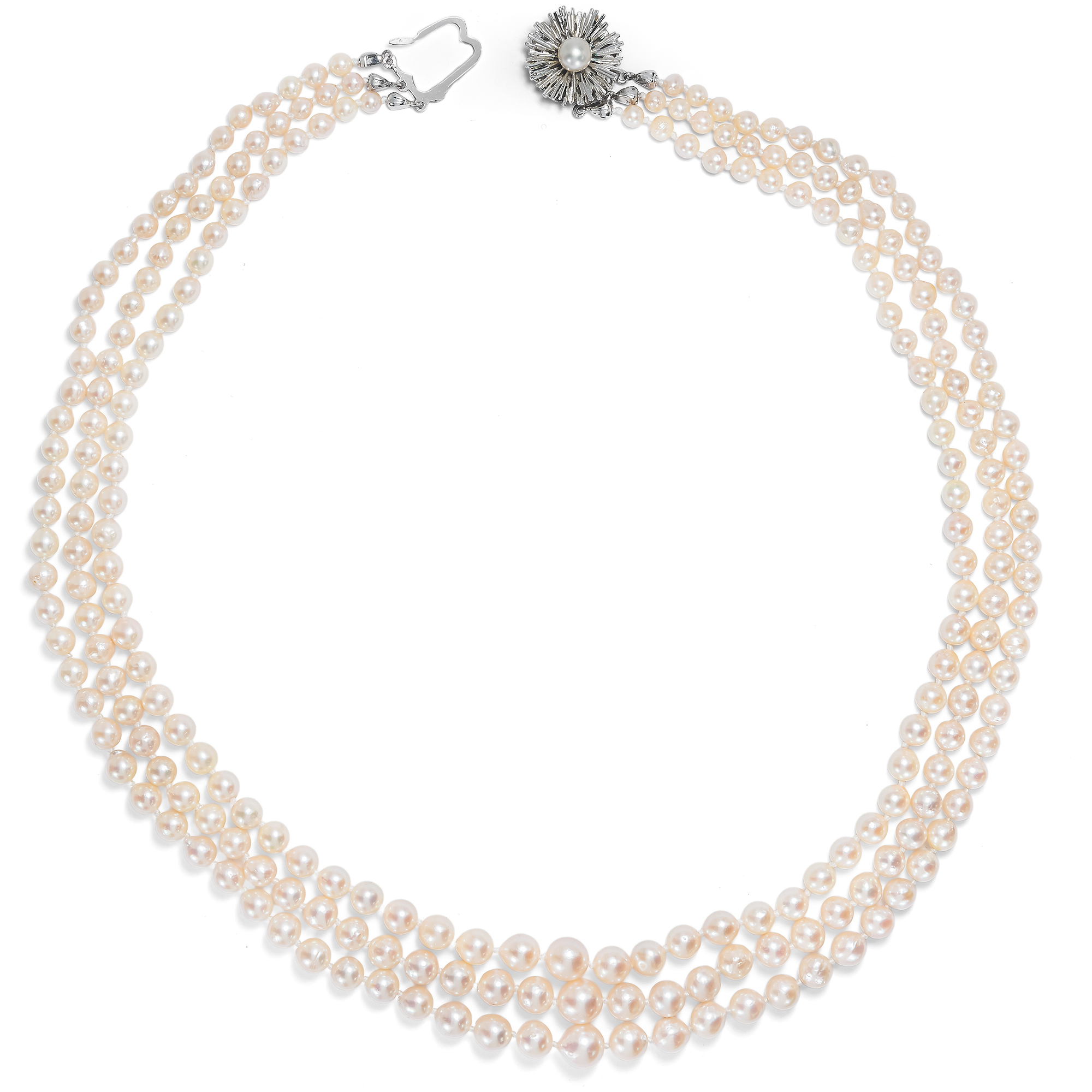 Three Row Akoya Cultured Pearls Vintage Necklace by Schöffel, c. 1970