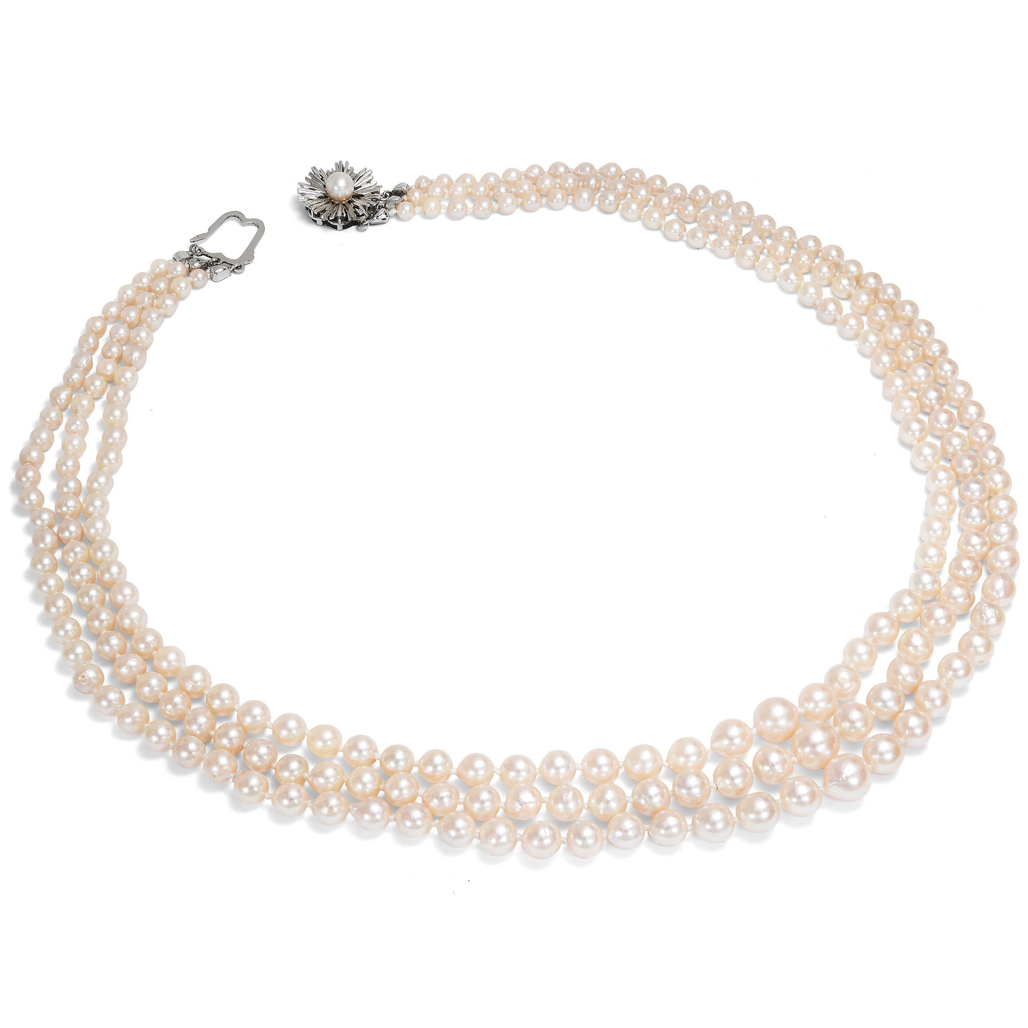 Three Row Akoya Cultured Pearls Vintage Necklace by Schöffel, c. 1970