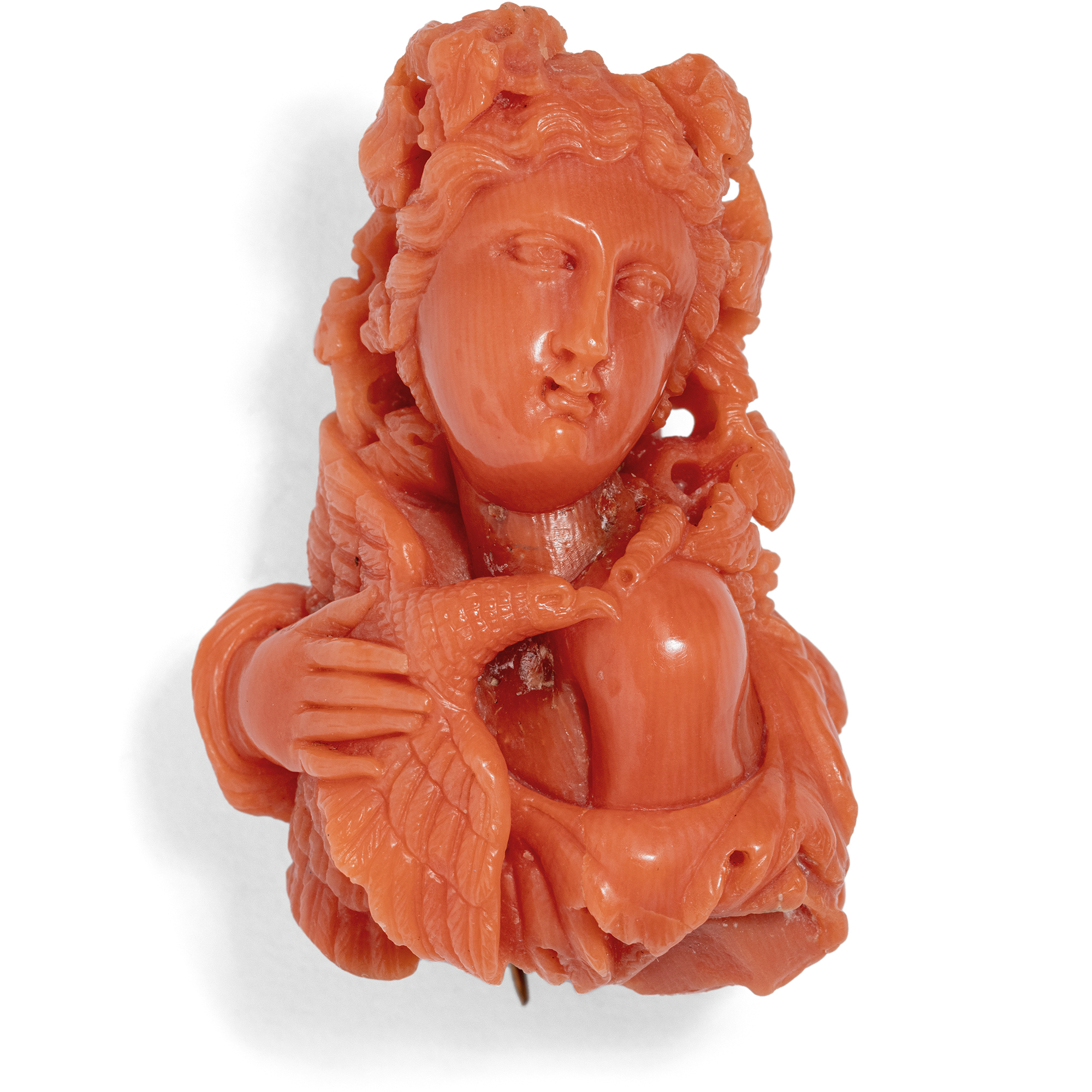 Artfully Carved Red Coral Brooch, Circa 1870