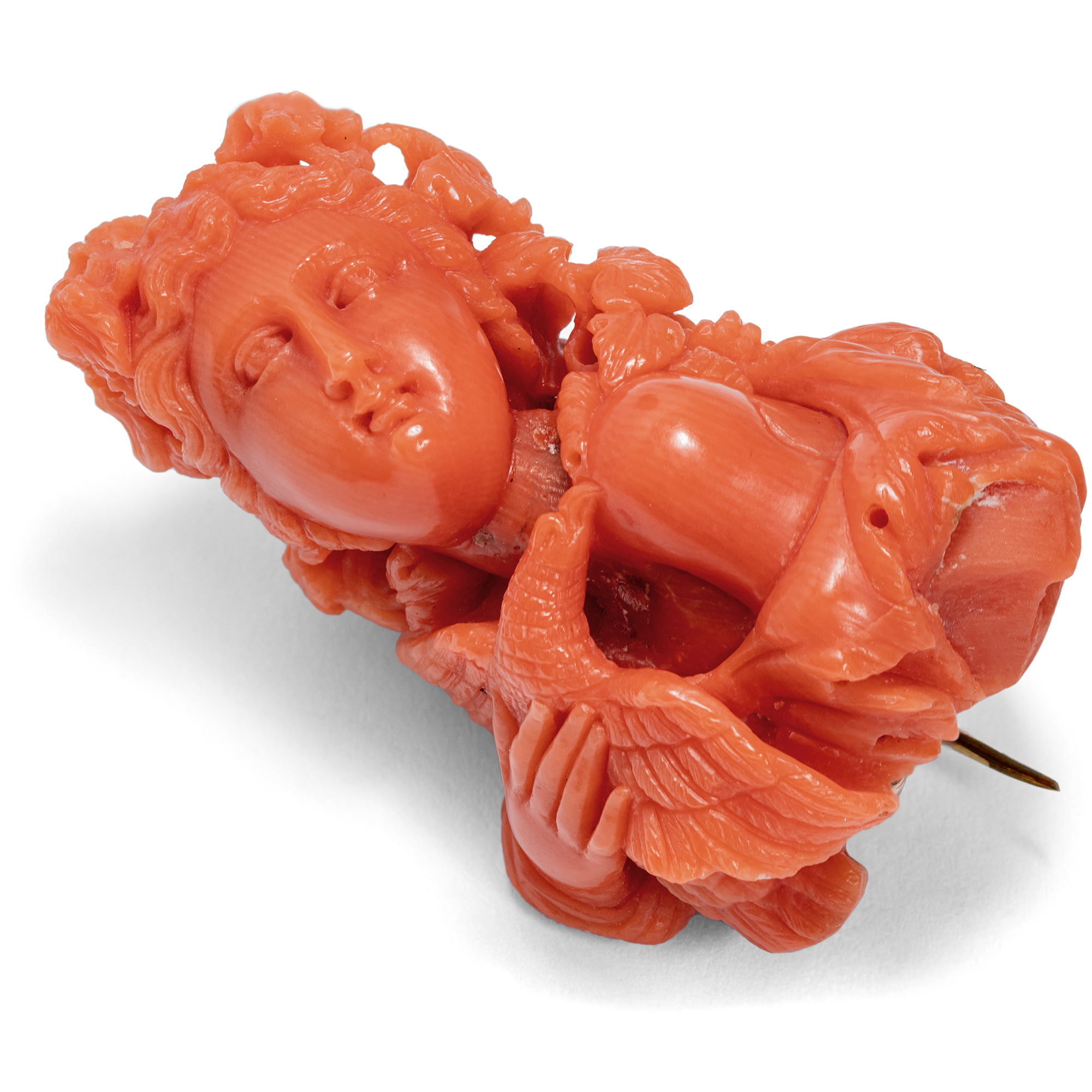 Artfully Carved Red Coral Brooch, Circa 1870