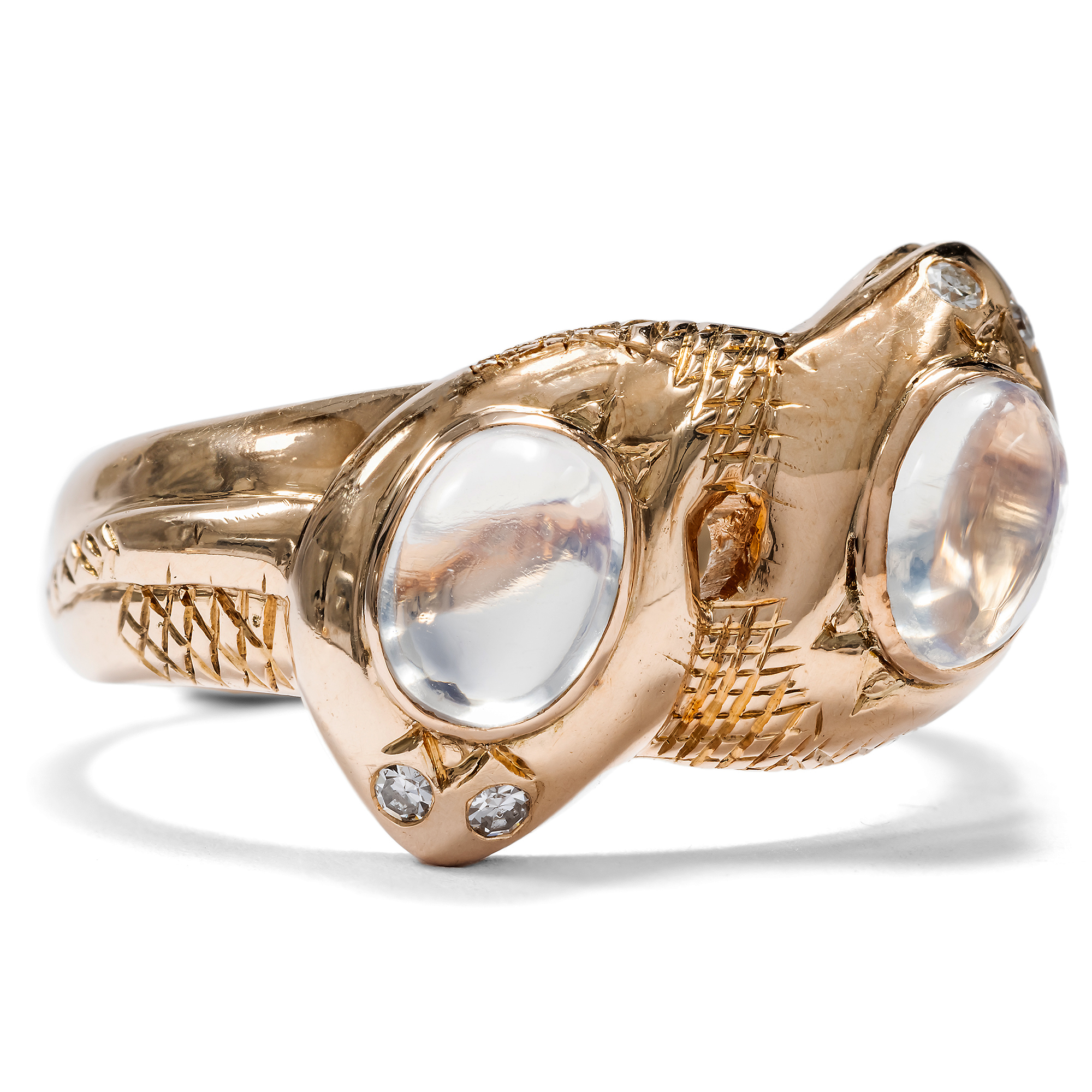 Antique Rose Gold Snake Ring with Moonstones & Diamonds, c. 1900