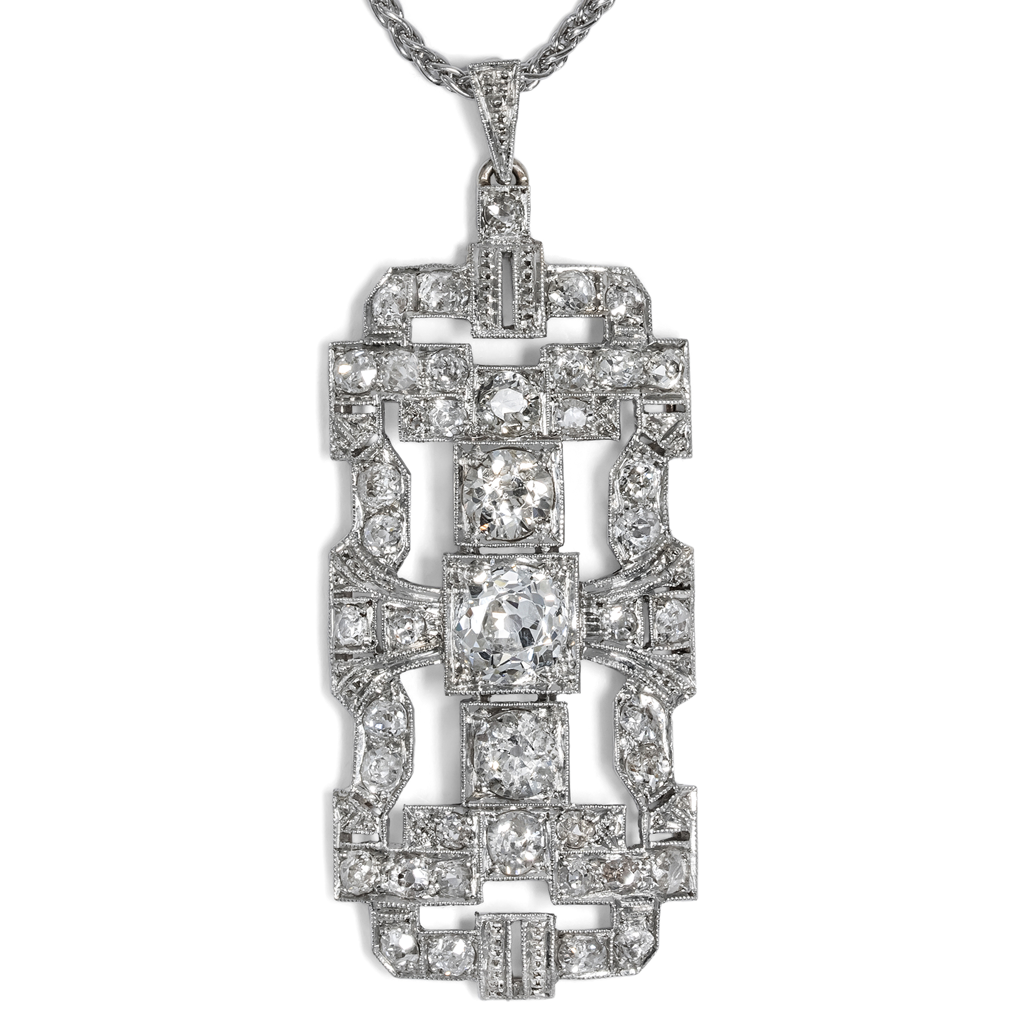 Precious Art Déco Diamond Pendant in Platinum and White Gold, c. 1930