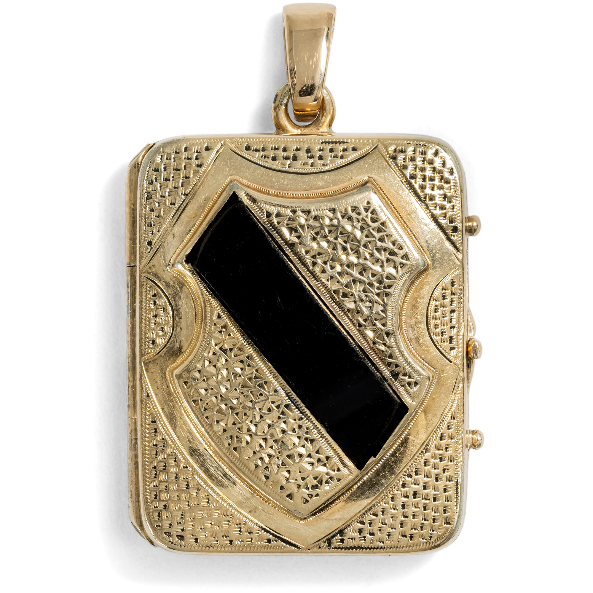 Antikes Medaillon in Buchform aus Walzgold & Onyx, um 1885 Antikes Medaillon in Buchform aus Walzgold & Onyx, um 1885