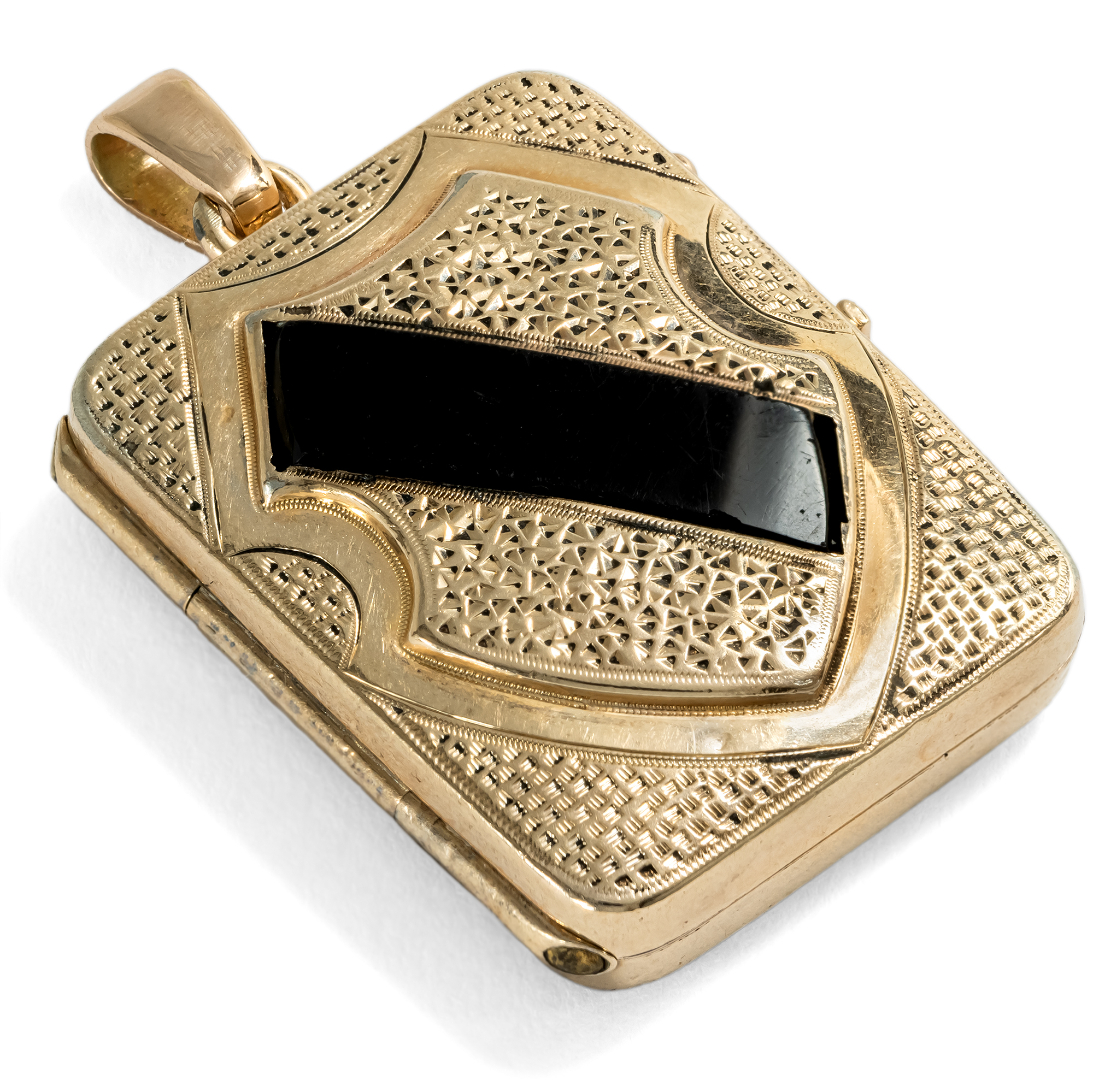Antikes Medaillon in Buchform aus Walzgold & Onyx, um 1885 Antikes Medaillon in Buchform aus Walzgold & Onyx, um 1885
