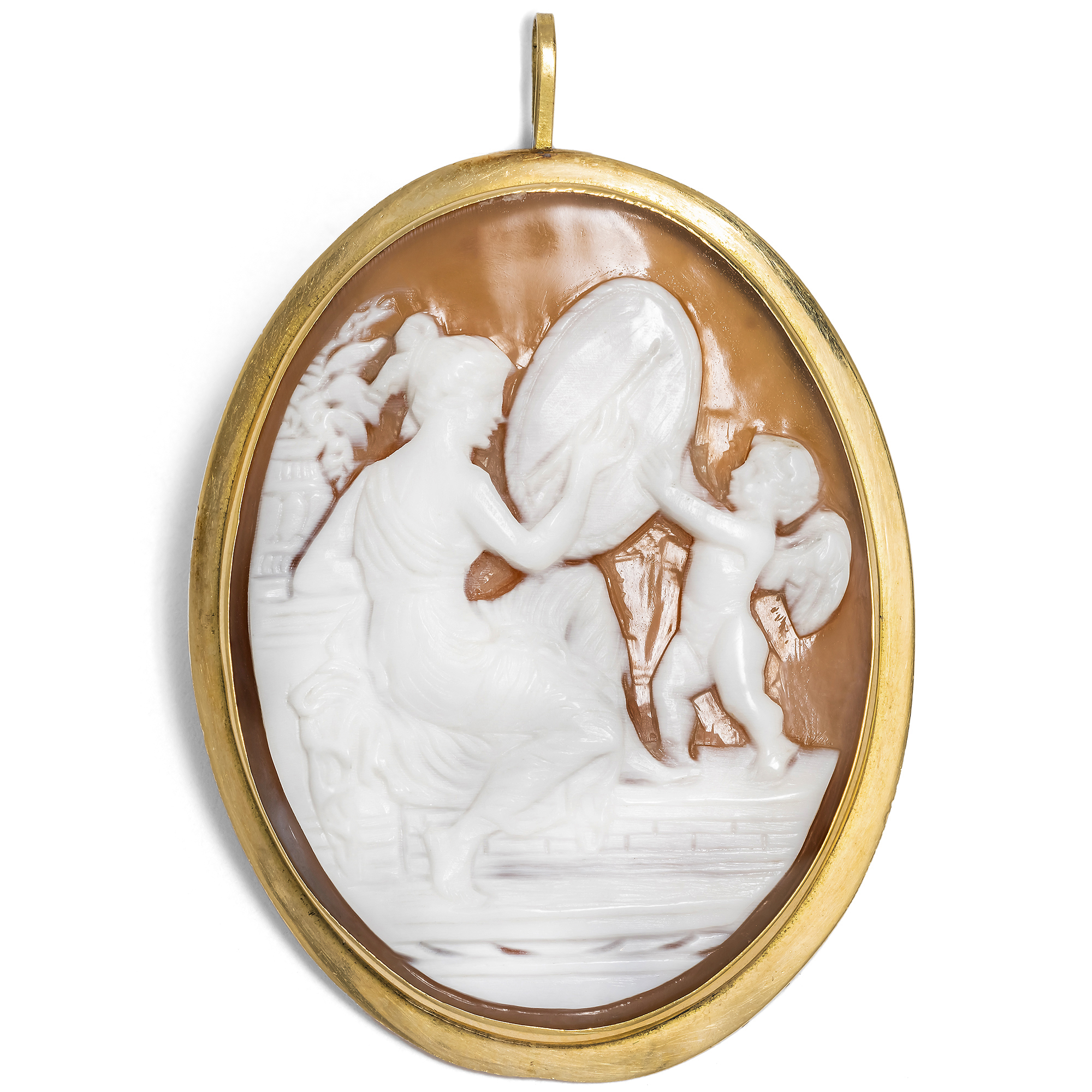Detaillierte vintage Muschelkamee mit Venus & Amor in Gold, um 1980 Detaillierte vintage Muschelkamee mit Venus & Amor in Gold, um 1980