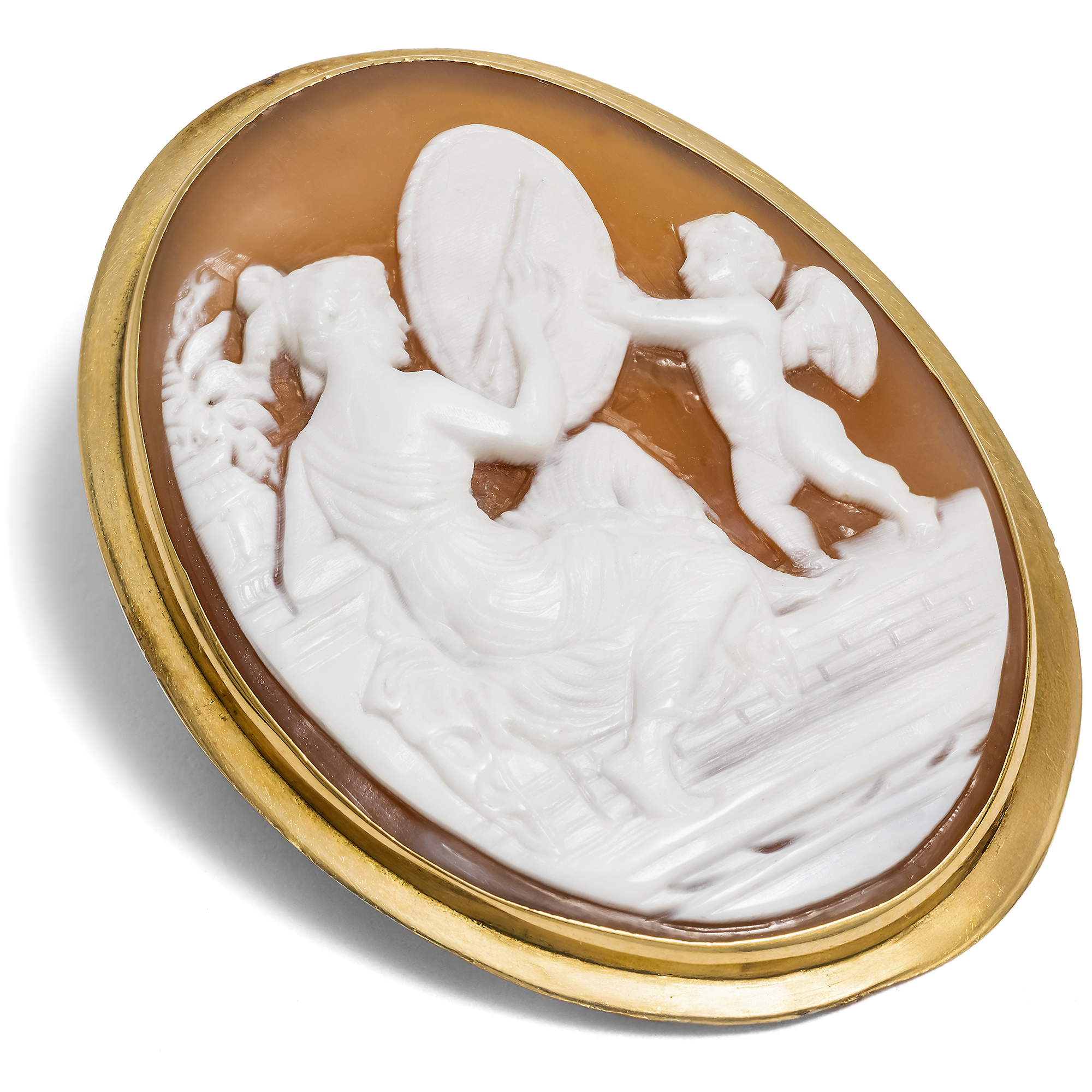 Detaillierte vintage Muschelkamee mit Venus & Amor in Gold, um 1980 Detaillierte vintage Muschelkamee mit Venus & Amor in Gold, um 1980