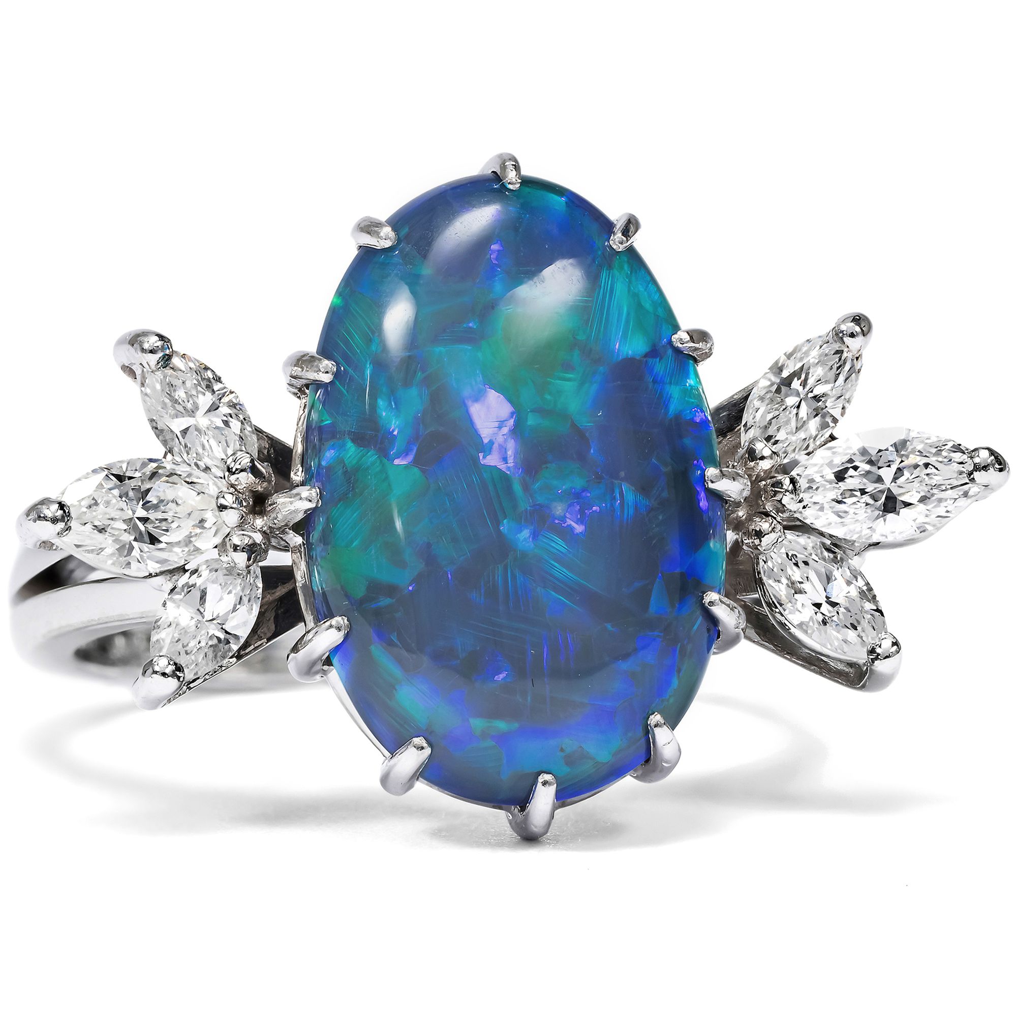 Vintage Ring with Black Opal and Diamonds in White Gold, c. 1965