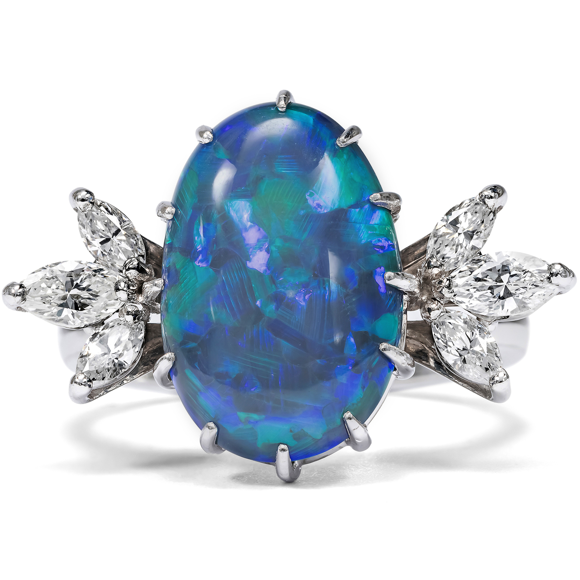 Vintage Ring with Black Opal and Diamonds in White Gold, c. 1965