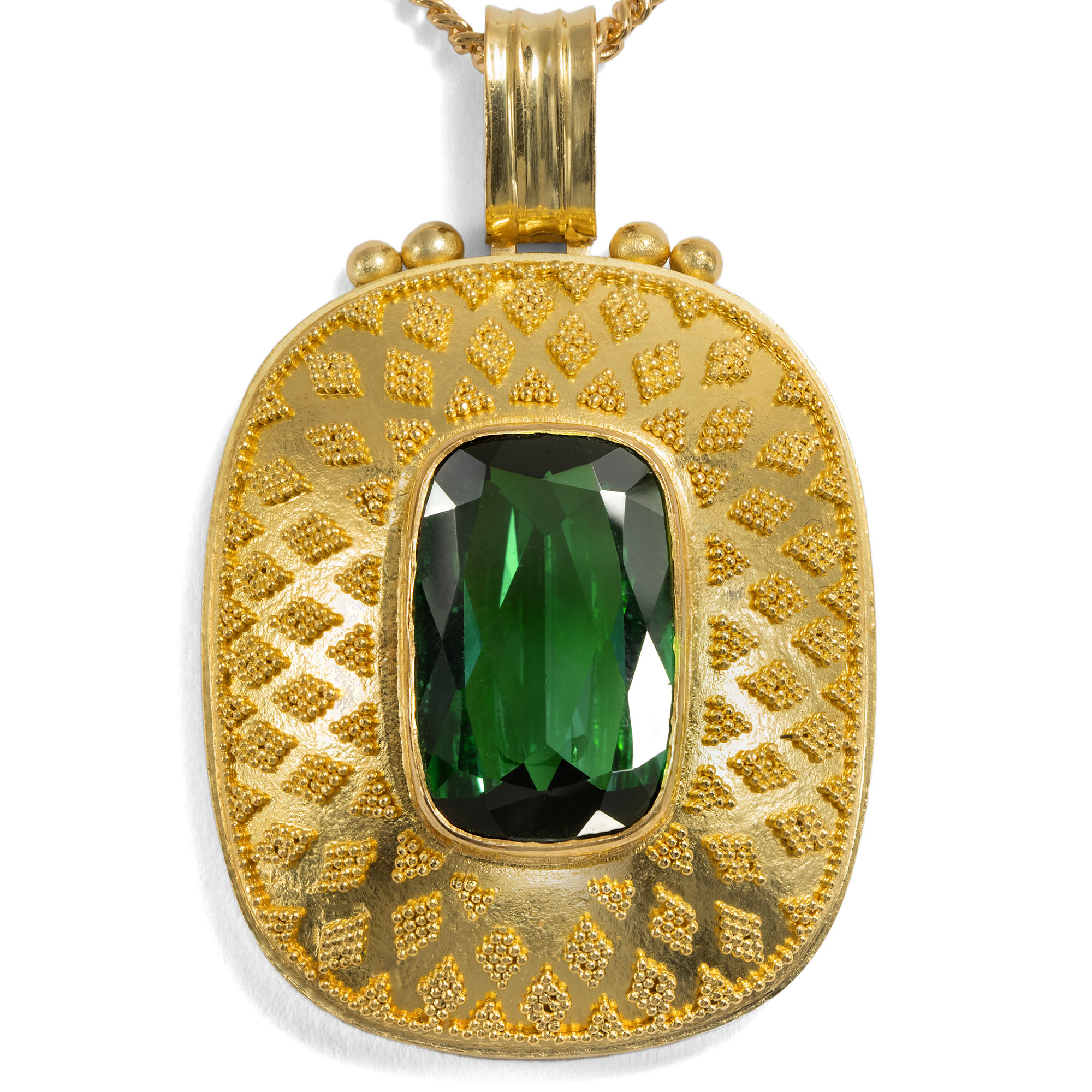 Granulated Gold Pendant with Natural Green Tourmaline, Germany, c. 1950s