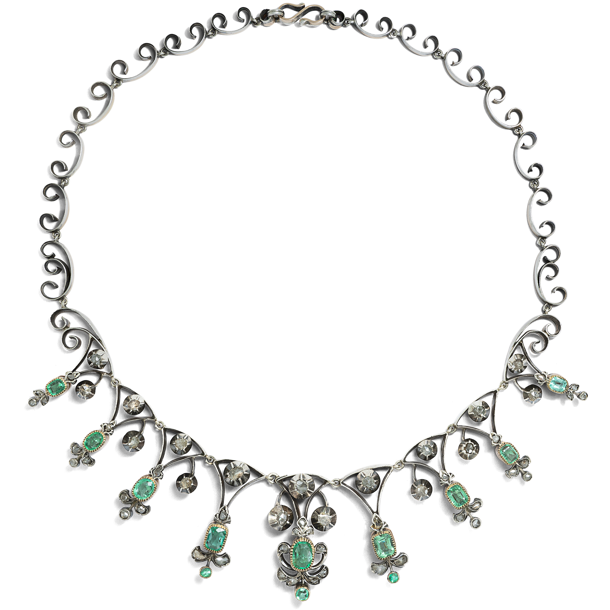 Magnificent Emerald & Diamond Necklace in SIlver & Gold, c. 1880