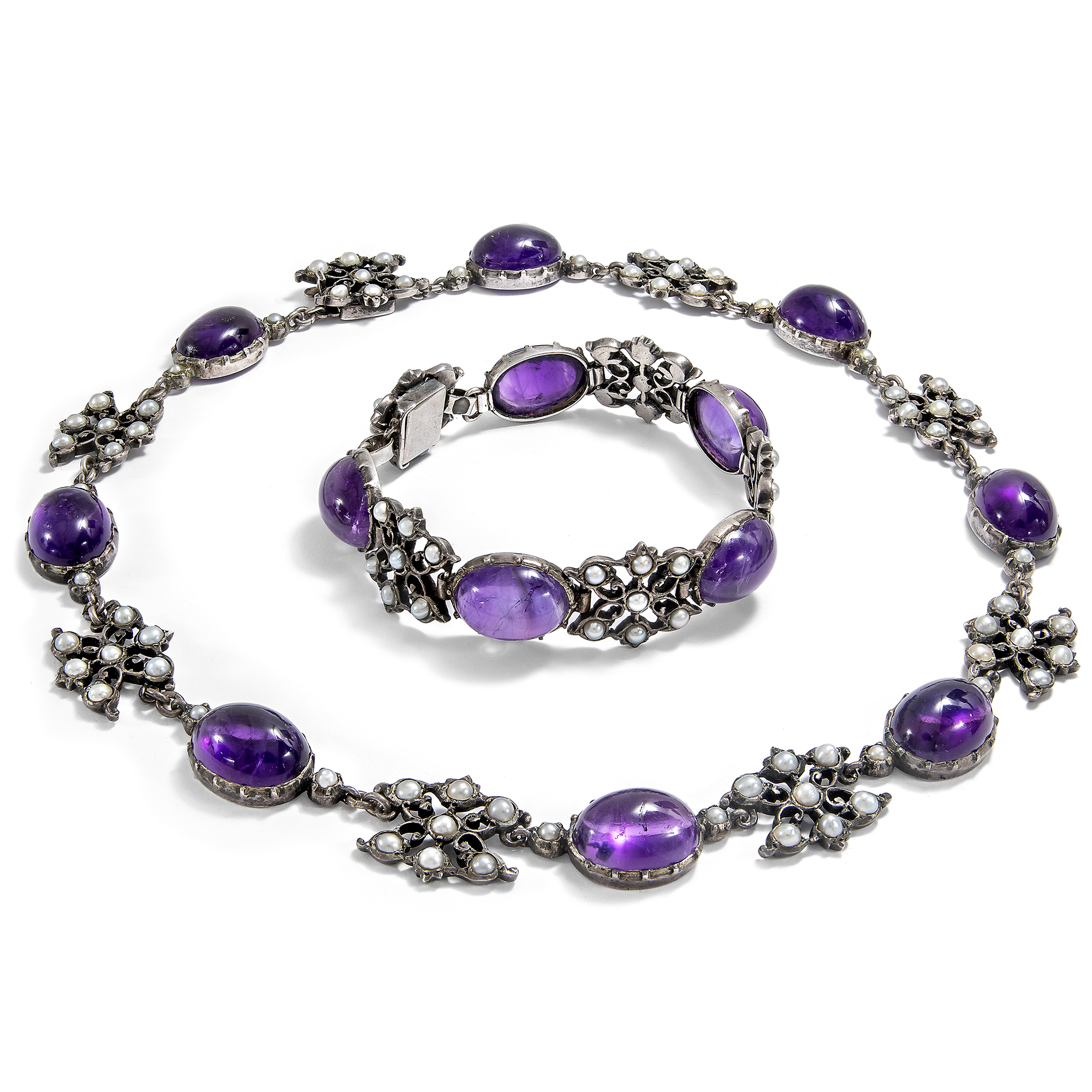 Vintage Silver Necklace & Bracelet with Amethysts & Pearls, c. 1970