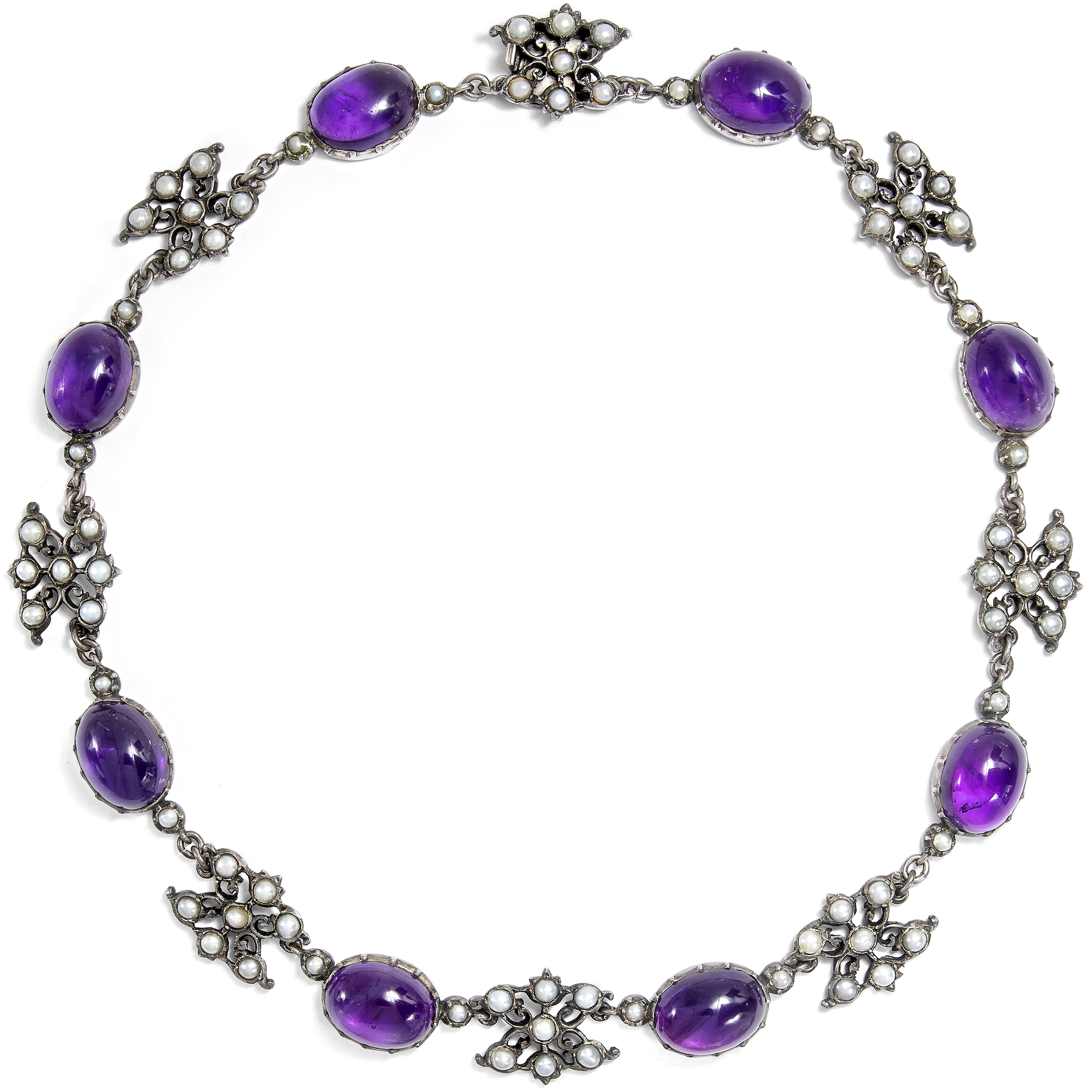 Vintage Silver Necklace & Bracelet with Amethysts & Pearls, c. 1970