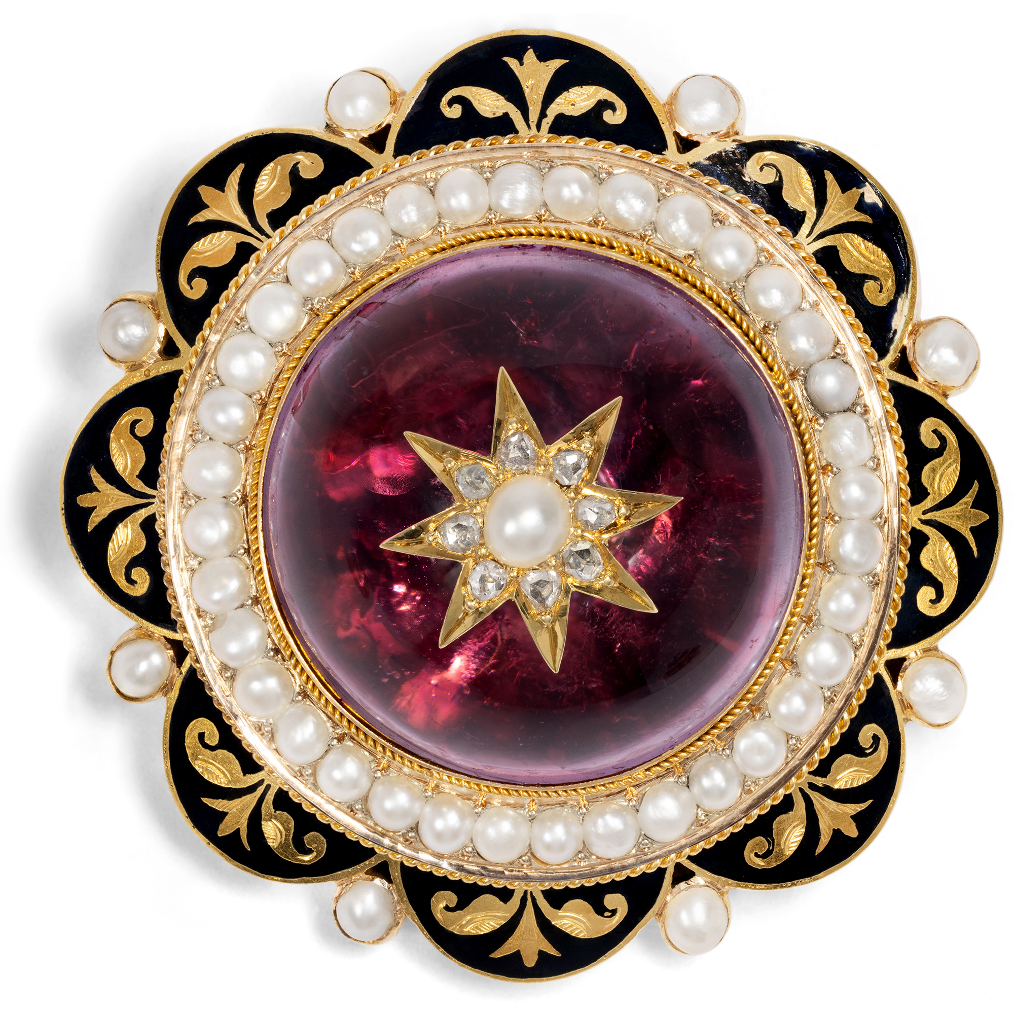 Antique Locket Brooch with Amethyst and Pearls in Enamelled Gold, c. 1865