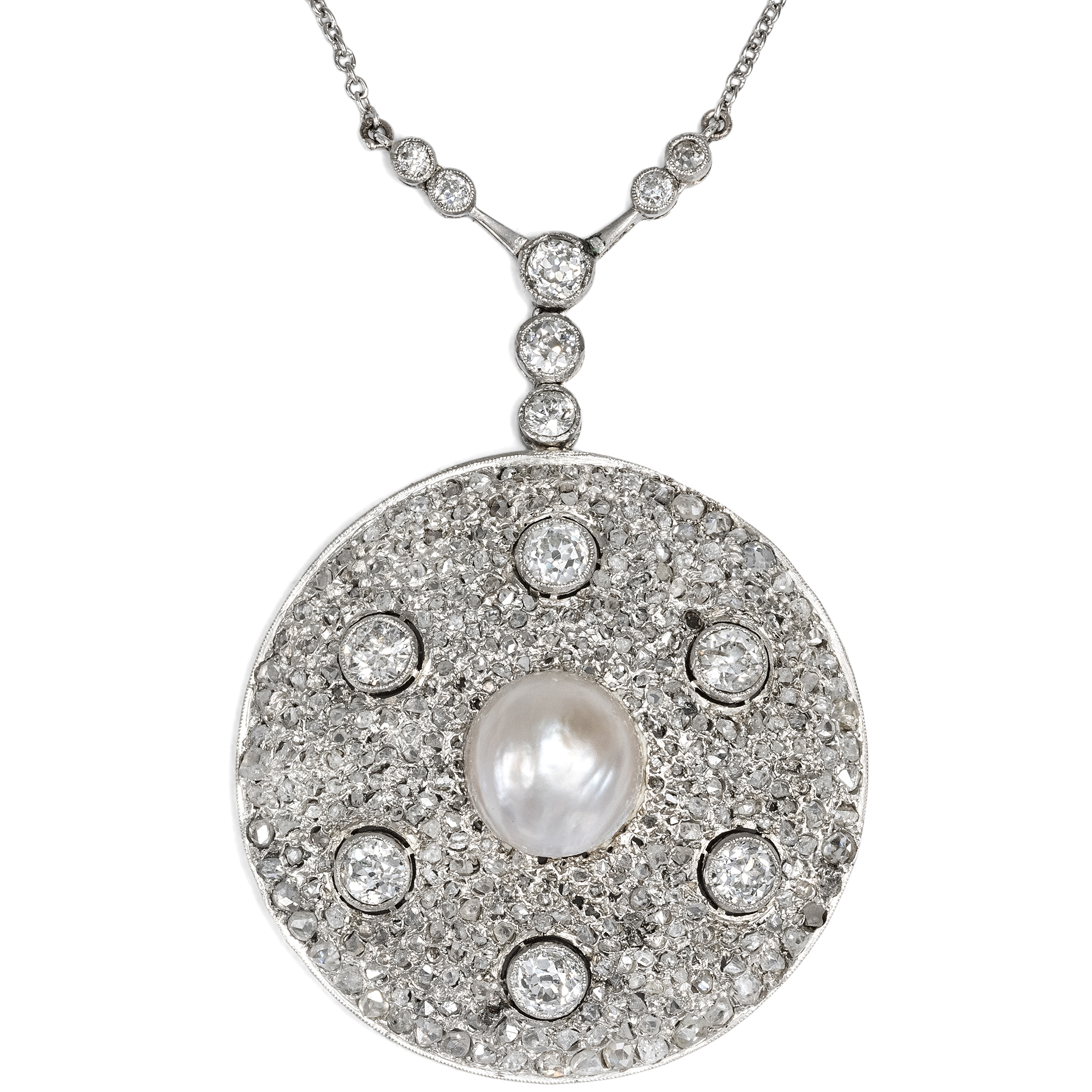 Elegantes Collier des Art Déco mit Diamanten & Perle in Platin, um 1930 Elegantes Collier des Art Déco mit Diamanten & Perle in Platin, um 1930